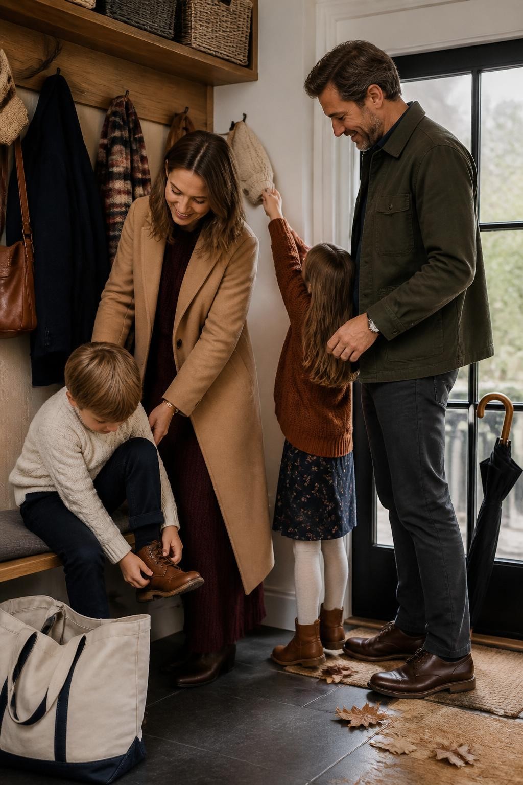 Image Prompt: A realistic DSLR lifestyle photograph of a white family of four preparing to leave their home on a cool fall morning. The parents stand near a wooden entryway coat rack while helping their two children put on outerwear. The mother wears a long camel coat over a burgundy knit dress, the father wears a dark olive chore jacket with charcoal trousers, and the children wear coordinated but different layers in cream, rust, navy, and brown. One child sits on a low bench pulling on a boot while the other reaches for a knitted hat. A closed umbrella, canvas tote, and a few dry leaves near the doorway add natural detail. Soft grey daylight through a glass door, realistic skin and fabric textures, candid expressions, believable family interaction, polished editorial composition.