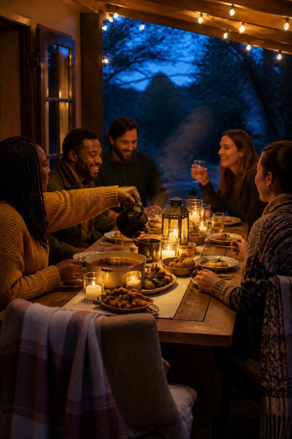 Image Prompt: A close group of friends sharing dinner beneath a covered patio on the first chilly evening of fall, a long wooden table set with stew, roasted vegetables, fresh bread and baked pears, blankets draped over chair backs, battery lanterns and candles protected inside glass holders, one Black couple and several friends of varied skin tones wearing layered sweaters and coats, someone pouring a warm drink while another raises a glass, cool blue evening beyond the patio, warm table light, natural conversation and realistic steam, editorial DSLR photography, 35mm lens, no text.