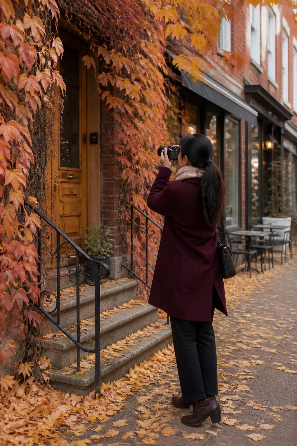 Image Prompt: A realistic outdoor DSLR photograph of a woman taking herself on a creative fall photo walk through a charming older neighborhood, holding a compact digital camera while photographing a vine-covered brick doorway, wearing a burgundy wool coat, cream scarf, dark straight-leg trousers and leather boots, long black hair tied in a loose low ponytail, fallen yellow leaves along the pavement, small cafés and vintage shop windows in the background, soft overcast afternoon light ideal for photography, natural walking posture, rich rust, gold, burgundy and brown color palette, editorial travel lifestyle photography, 70mm lens, no visible shop branding, no text.
