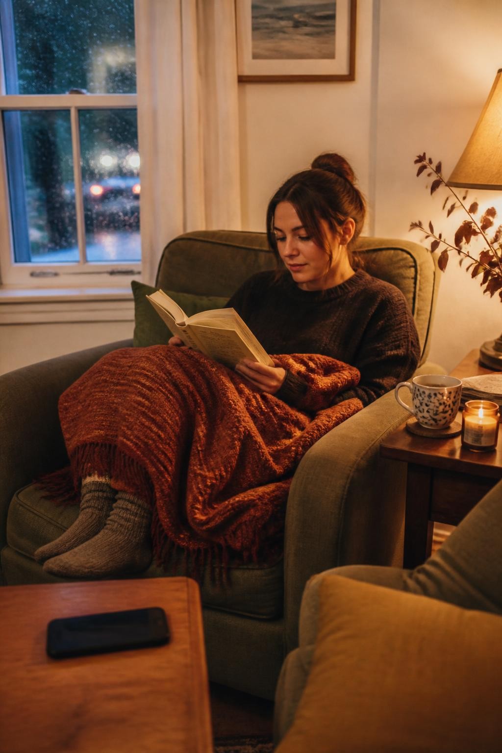 Image Prompt: A cozy realistic lifestyle photograph of a woman spending a quiet fall evening alone in a softly lit living room, curled into a deep armchair under a textured rust blanket while reading a paperback book, herbal tea on a wooden side table, smartphone placed face down across the room, one small candle, knitted socks and a rain-covered window in the background, cream walls and olive cushions, warm golden lamp light, believable lived-in space, editorial DSLR photography, 35mm lens, no readable book title, no text.