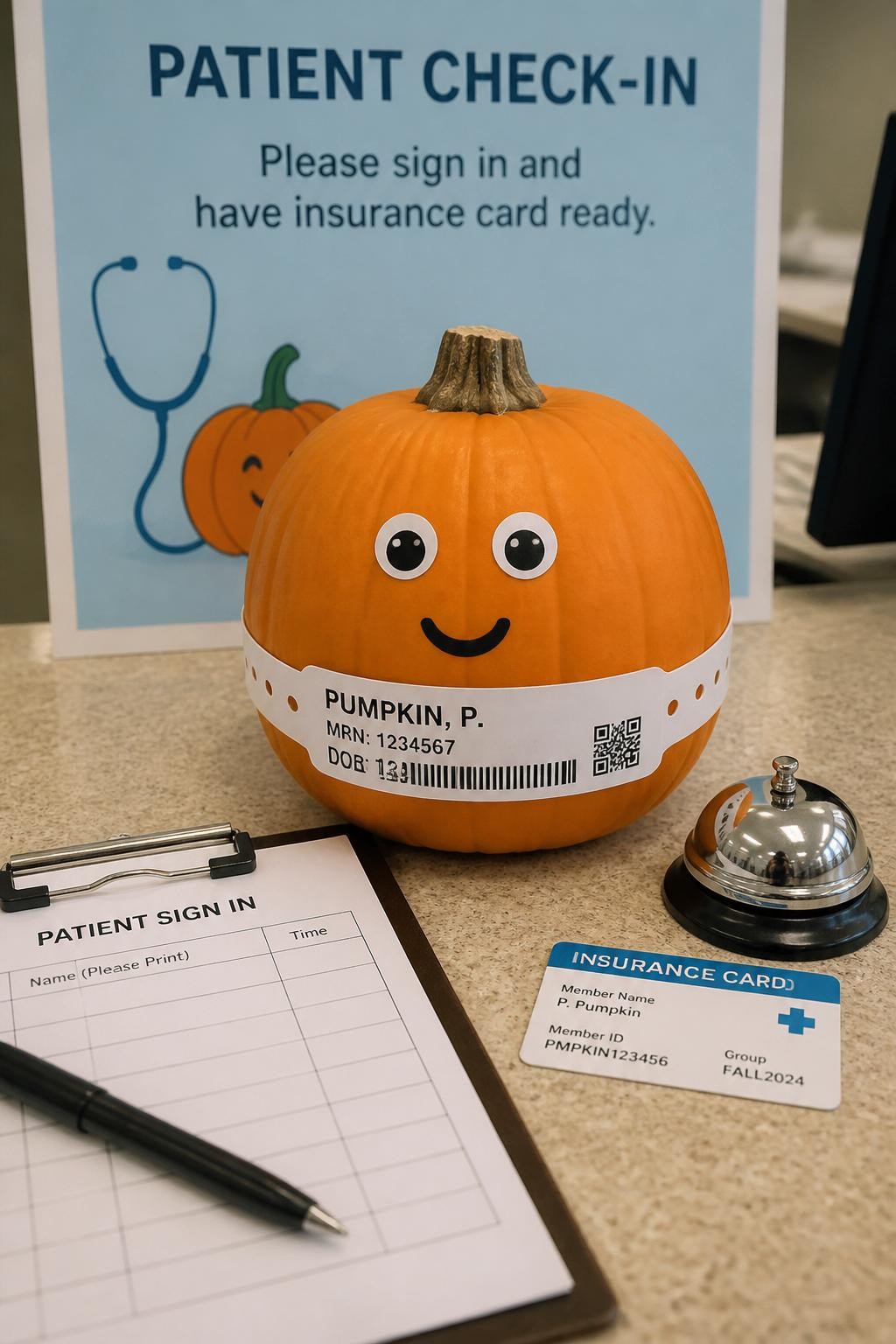 Image Prompt: A realistic DSLR photo of a medium orange pumpkin decorated like a tiny patient at a medical check-in desk, with a paper hospital wristband around the pumpkin, small round sticker eyes, a tiny clipboard sign-in sheet, miniature desk bell, faux insurance card, pastel blue paper backdrop, clean clinic counter setting, soft natural indoor light, sharp details, playful healthcare contest display.