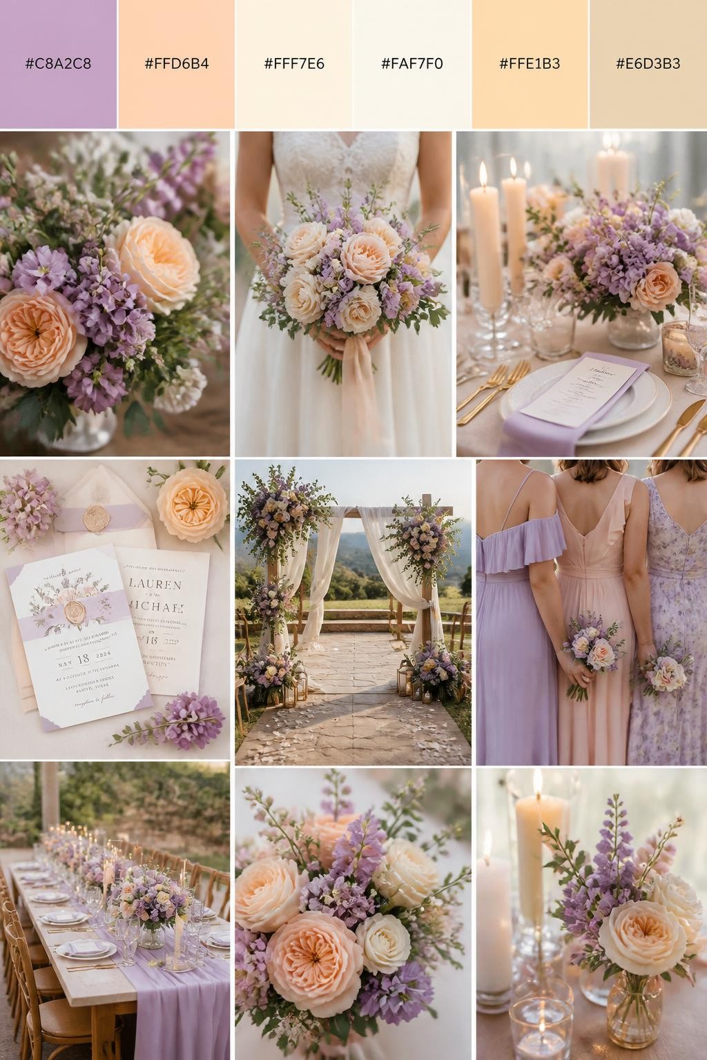 Image Prompt:
A realistic vertical wedding mood board with a top palette strip showing hex codes in lilac, soft peach, cream, ivory, pale apricot, and warm beige. Below the swatches, show a romantic collage of peach flowers, lilac blooms, cream candles, polished table settings, invitation styling, a bouquet held in front of the body with no face visible, cropped bridesmaid dress details, and warm ceremony decor. Use varied no-face compositions such as side views, back views, hand-held bouquet close-ups, and no-people tablescape shots. DSLR realism, Pinterest-style collage layout, 9:16 vertical format. (no watermarks on images)