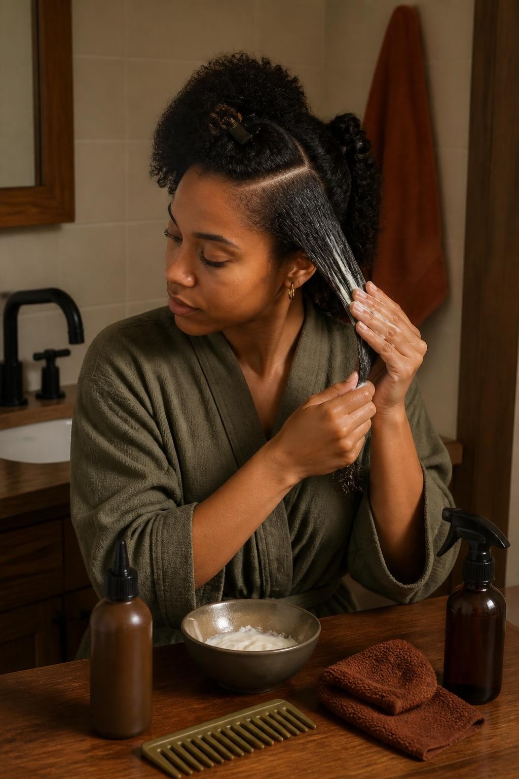 Image Prompt: A realistic DSLR beauty photograph of a woman with thick curly hair completing a fall wash-day routine in a warm bathroom, hair divided into neat sections while she applies a creamy deep conditioner, gentle shampoo, scalp applicator bottle, wide-tooth comb, spray bottle and microfiber towel arranged on a wooden counter, woman wearing a soft olive robe, realistic curls and scalp partings, warm natural side lighting, cream tiles, dark wood accents and a muted rust hand towel, editorial haircare photography, 50mm lens, natural body proportions, no product labels, no text.