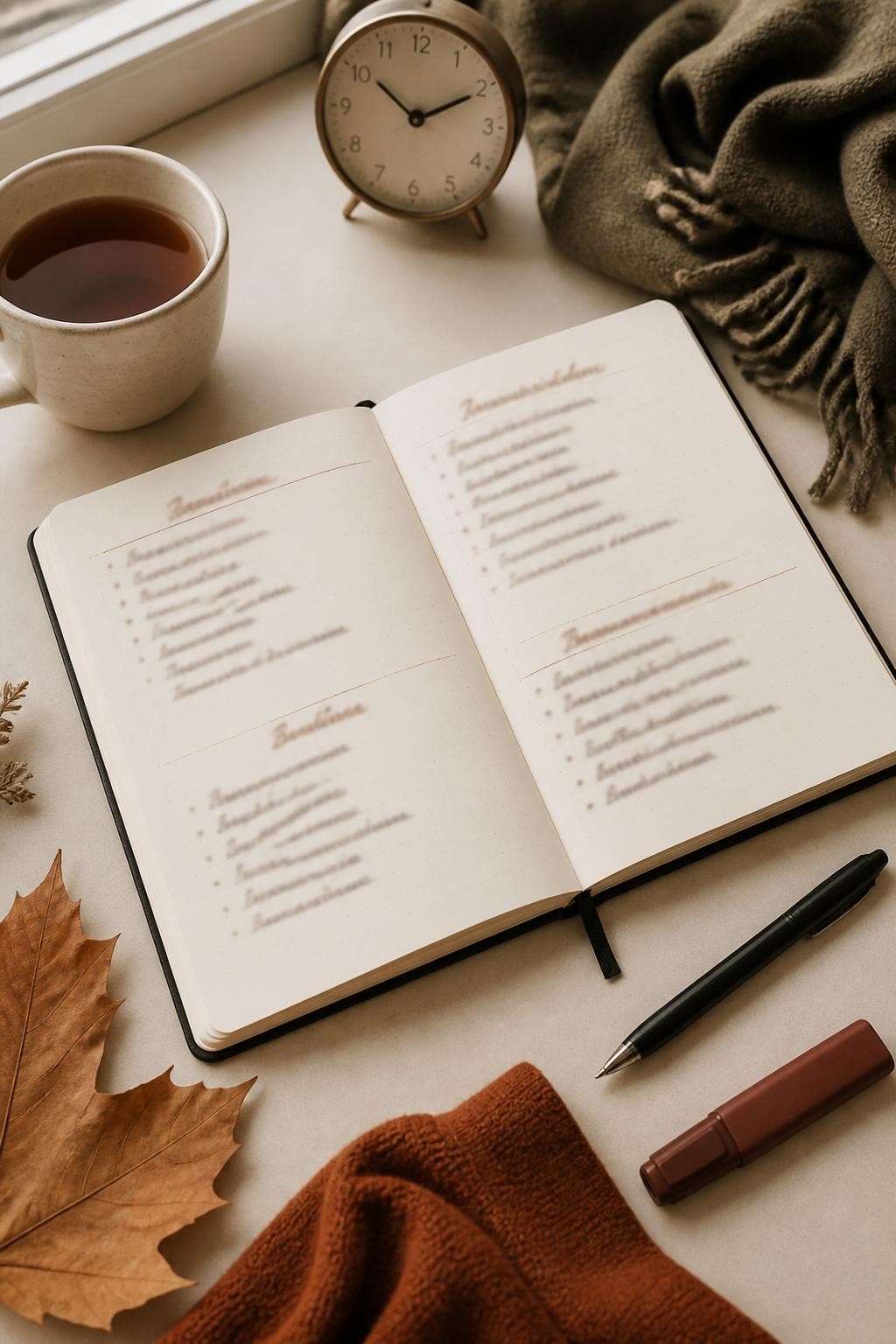 Image Prompt: A realistic overhead editorial photograph of a fall journal open on a cream desk, one page titled with blurred handwriting and divided into clear sections representing habits, commitments, spending, and emotional patterns to leave behind, black pen, muted burgundy highlighter, ceramic mug of tea, dried maple leaf, folded olive scarf, and a small analog clock arranged naturally around the notebook, warm late-afternoon window light, realistic paper grain and handwritten lines kept unreadable, sophisticated cream, rust, olive, and brown palette, DSLR flat-lay photography, no readable text overlay.