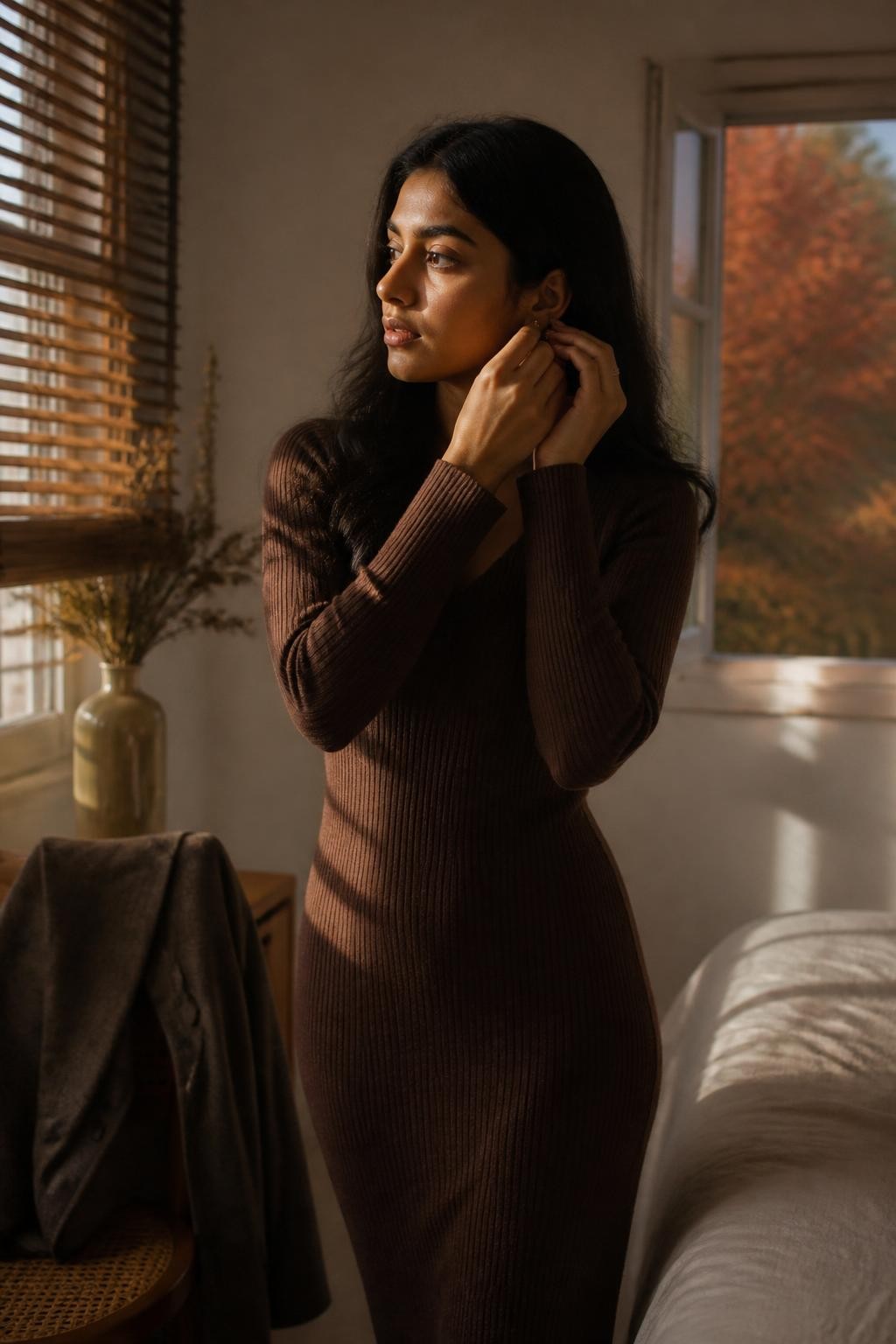 Image Prompt: A realistic indoor fall portrait of a young South Asian woman standing in a simple bedroom where late-afternoon sunlight passes through half-open wooden blinds. A narrow strip of golden light falls across one side of her face and her dark brown knit dress, while the rest of the room remains softly shadowed. A wool coat hangs over a chair, dried branches sit in a ceramic vase, and an open window reveals blurred orange trees outside. She stands in profile with one hand adjusting an earring. Natural skin texture, realistic shadow edges, warm but not overly orange color grading, quiet editorial photography.