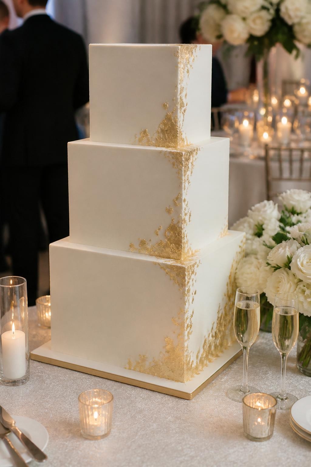 Image Prompt: Ultra-realistic wedding reception photo of a modern square wedding cake with smooth ivory tiers, sharp edges, and delicate edible gold leaf accents placed along the corners and lower edges. Style the cake on an elegant cake table with candles, champagne glasses, white florals, soft neutral linens, and a refined wedding party backdrop. Keep the cake front and center. No visible faces. If people appear, show only cropped hands, side views, back views, or figures from the neck down. Realistic gold leaf shine, crisp cake edges, natural event lighting, DSLR editorial quality. (no watermarks on images)
