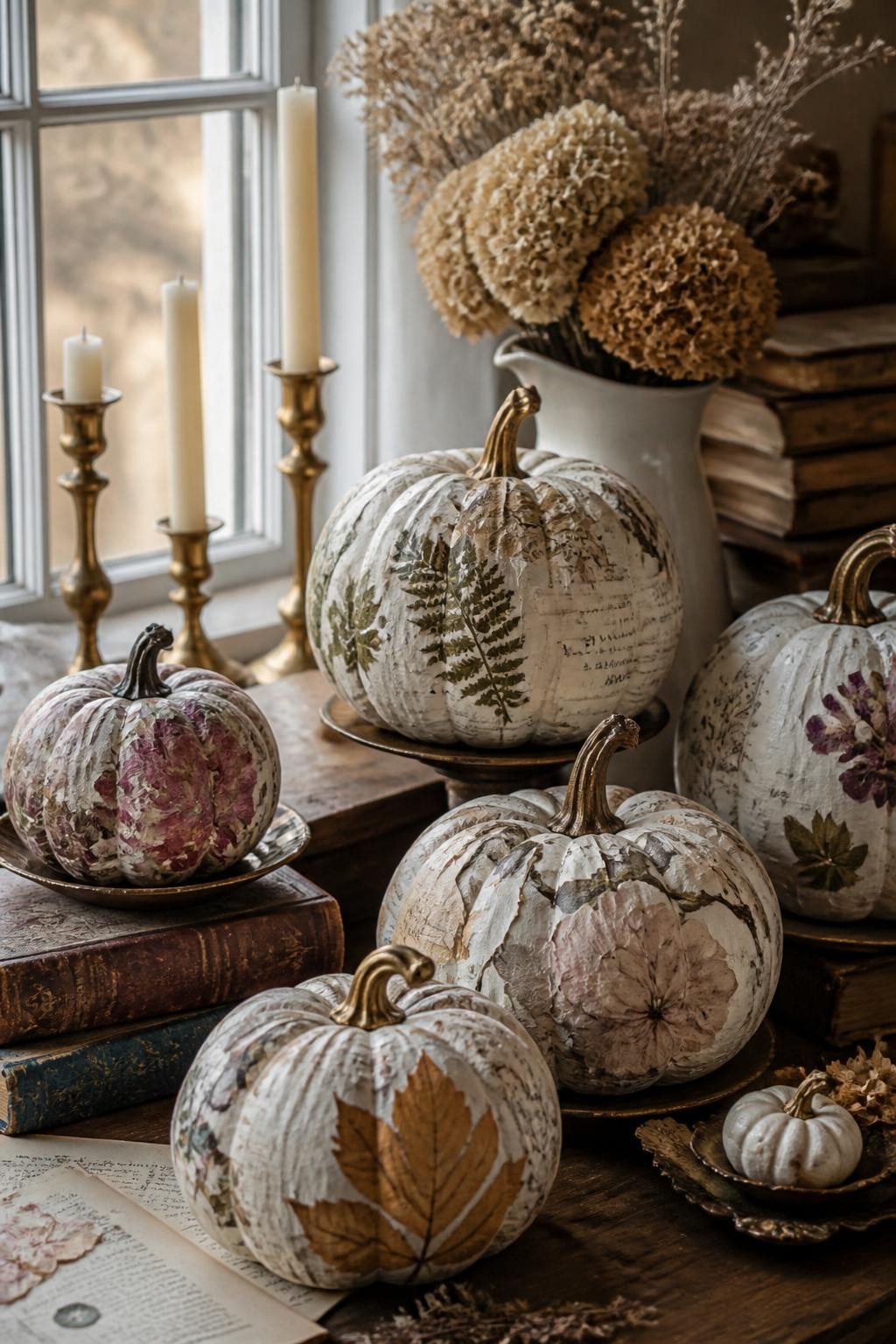 Image Prompt: A realistic DSLR photo of foam pumpkins covered with botanical paper prints, pressed leaf designs, vintage floral napkins, and soft torn paper edges, arranged on an antique wood table with brass candlesticks, old books, dried flowers, and moody warm window light, elegant vintage fall craft styling.
