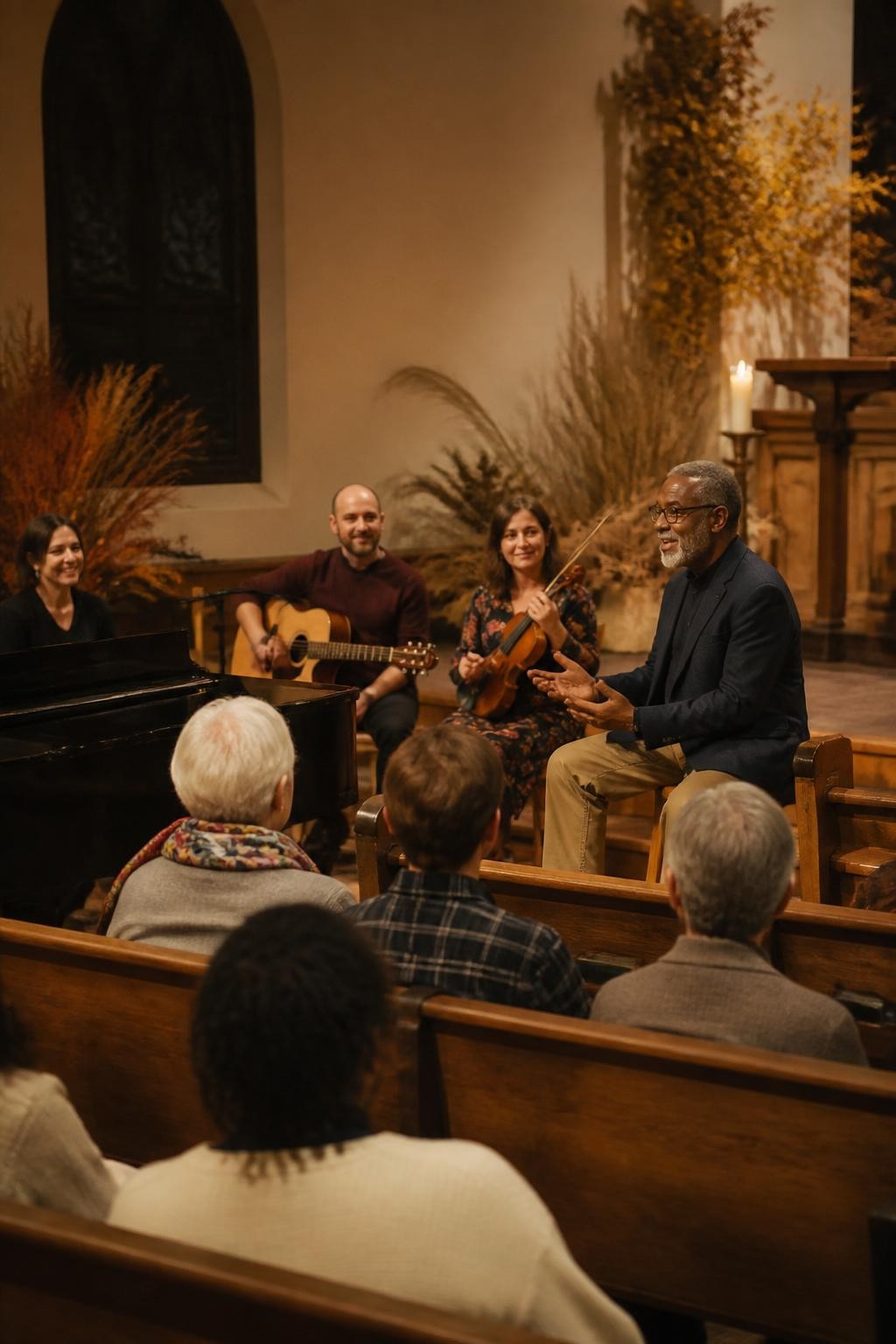 Image Prompt: A cozy church sanctuary during an informal evening gathering, a small acoustic group with piano, guitar, and violin leading familiar hymns, an older Black man seated near the front explaining the story behind a meaningful song, congregation members of varied ages listening from wooden pews, warm amber lighting, subtle arrangements of dried grasses and autumn branches, natural expressions, cinematic editorial DSLR photography, no readable projection screen, no text.