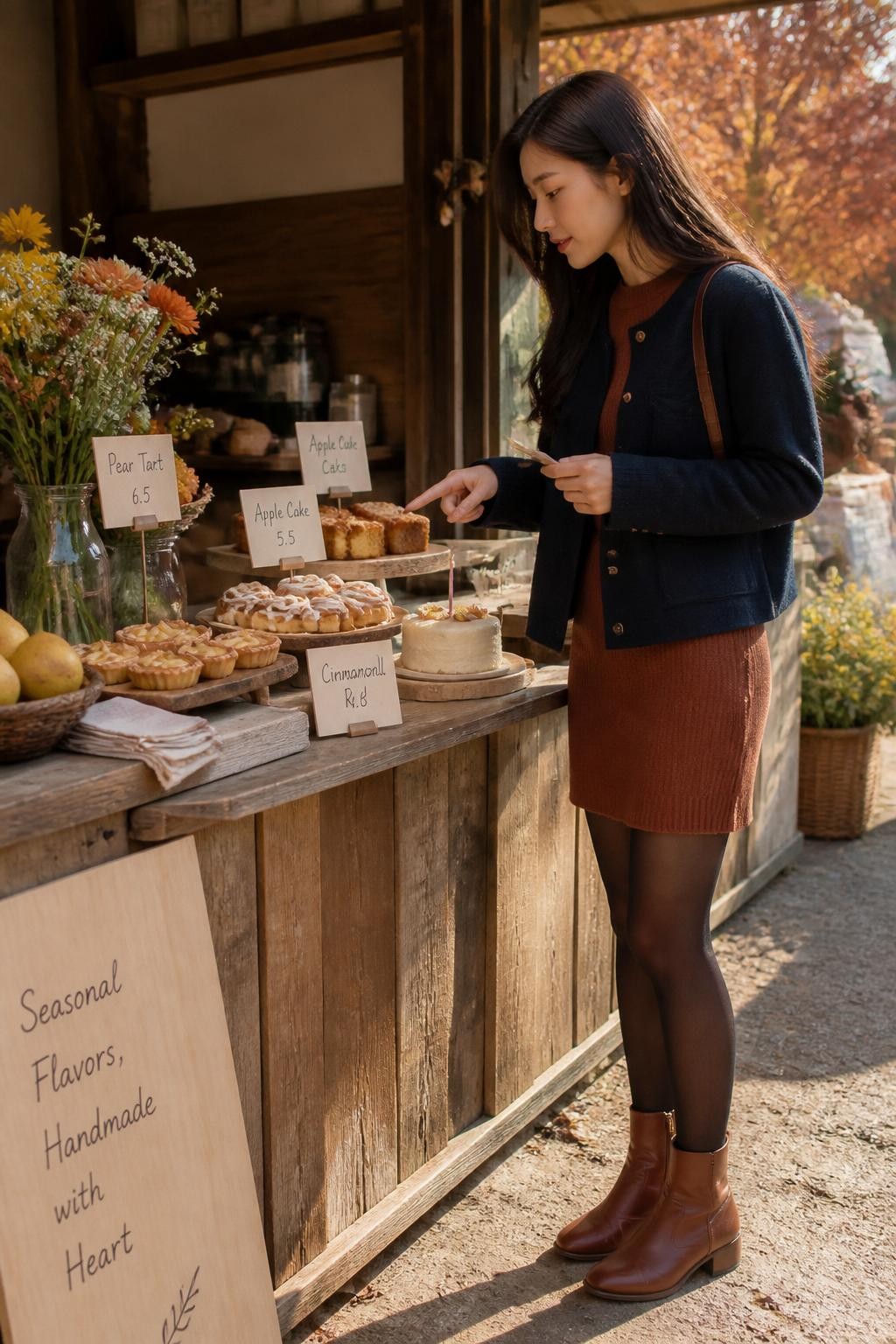Image Prompt: A realistic lifestyle photograph of a young East Asian woman standing at a wooden farmers’ market counter filled with seasonal pastries. She wears a cropped navy wool jacket over a cinnamon knitted dress, dark tights, and brown ankle boots. In front of her are small slices of pear tart, apple cake, cinnamon rolls, and one miniature birthday cake topped with a single thin candle. She holds a tasting card in one hand while pointing toward a pastry with the other. Handwritten signs, pears, flowers, linen napkins, and amber trees appear around the stall. Soft morning sunlight, natural skin texture, believable food details, gentle shadows, modern editorial composition.