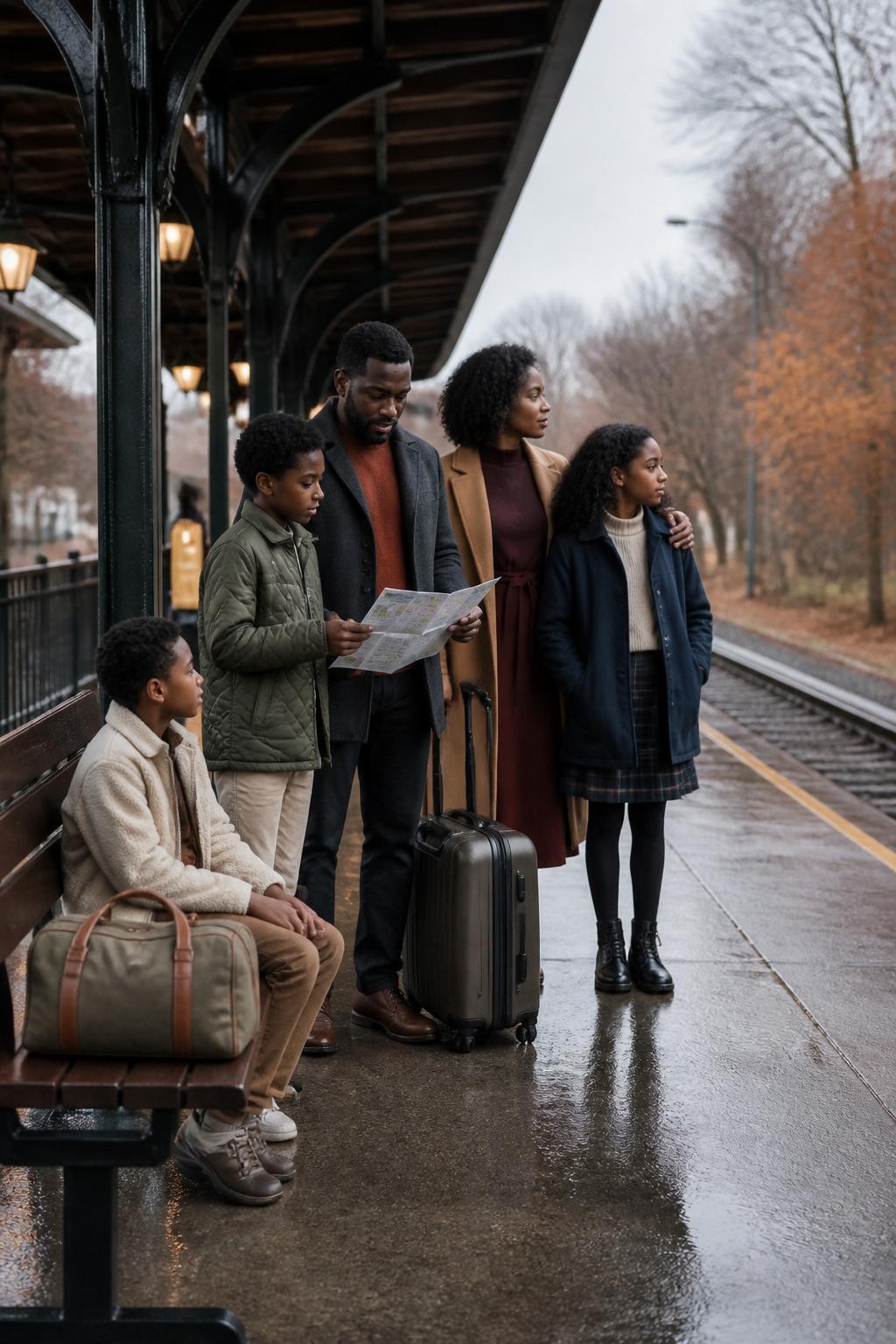 Image Prompt: A realistic wide-angle DSLR photograph of a Black family of five waiting safely on a covered outdoor train platform during late fall. The mother has medium-deep brown skin and wears a long camel coat over a burgundy dress. The father has deep brown skin and wears a charcoal overcoat with a rust sweater. Their three children wear comfortable layers in cream, olive, navy, and chocolate. One child sits on a bench beside a compact weekend bag, another studies a printed route map with the father, and the oldest looks down the platform with the mother. Warm station lights reflect on damp pavement, with bare branches and copper leaves beyond the tracks. Accurate dark skin tones, natural hair textures, clear safety distance from the platform edge, realistic luggage, cinematic but practical family photography.