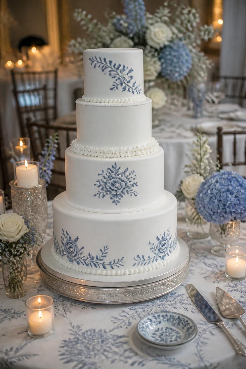 Image Prompt: Ultra-realistic wedding party scene showing a French blue and white wedding cake with smooth white tiers and delicate blue floral details inspired by French porcelain. Add subtle piping, small white flowers, and refined blue accents. Place the cake on an elegant reception cake table with candles, blue and white floral arrangements, fine linens, vintage china details, and a softly blurred wedding venue background. Keep the cake front and center. No visible faces. If guests appear, show only cropped hands, back views, side views, or neck-down figures. Realistic painted blue detail, smooth icing texture, soft romantic DSLR photography. (no watermarks on images)