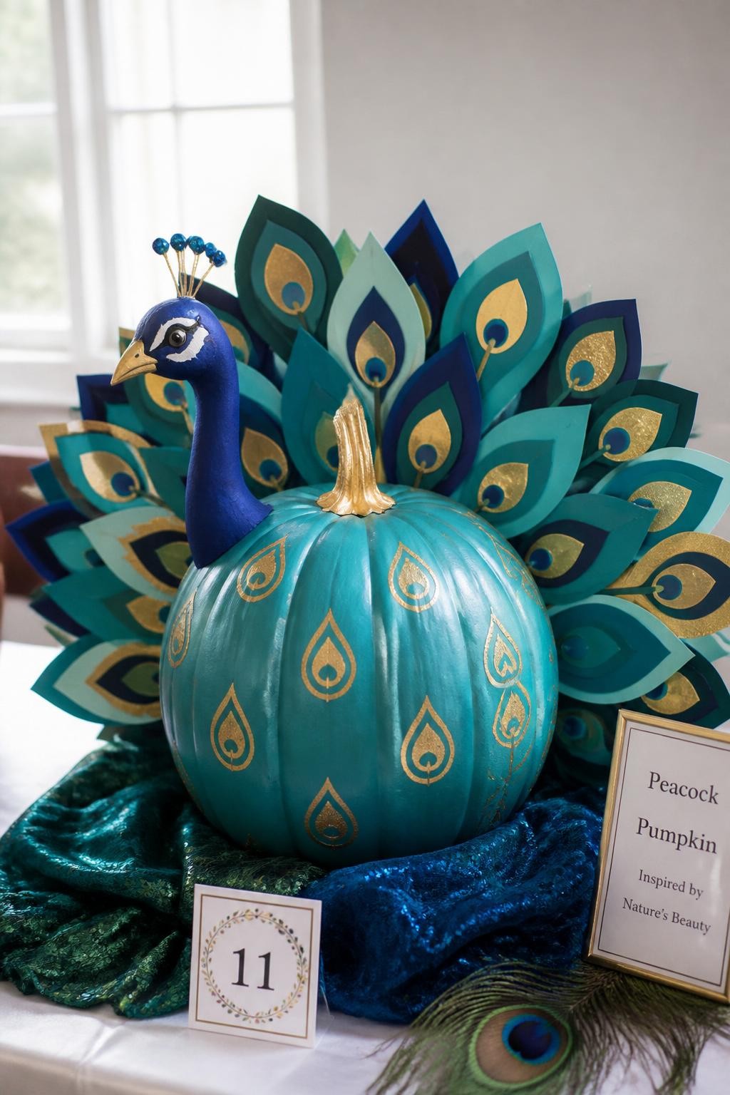 Image Prompt: A realistic DSLR photo of a teal-painted pumpkin decorated as a peacock, with layered paper feathers in teal, emerald, navy, and gold fanning out behind it, small blue peacock head attached near the stem, gold accents, displayed on a white table with jewel-toned fabric and soft natural light, elegant creative animal pumpkin contest display.