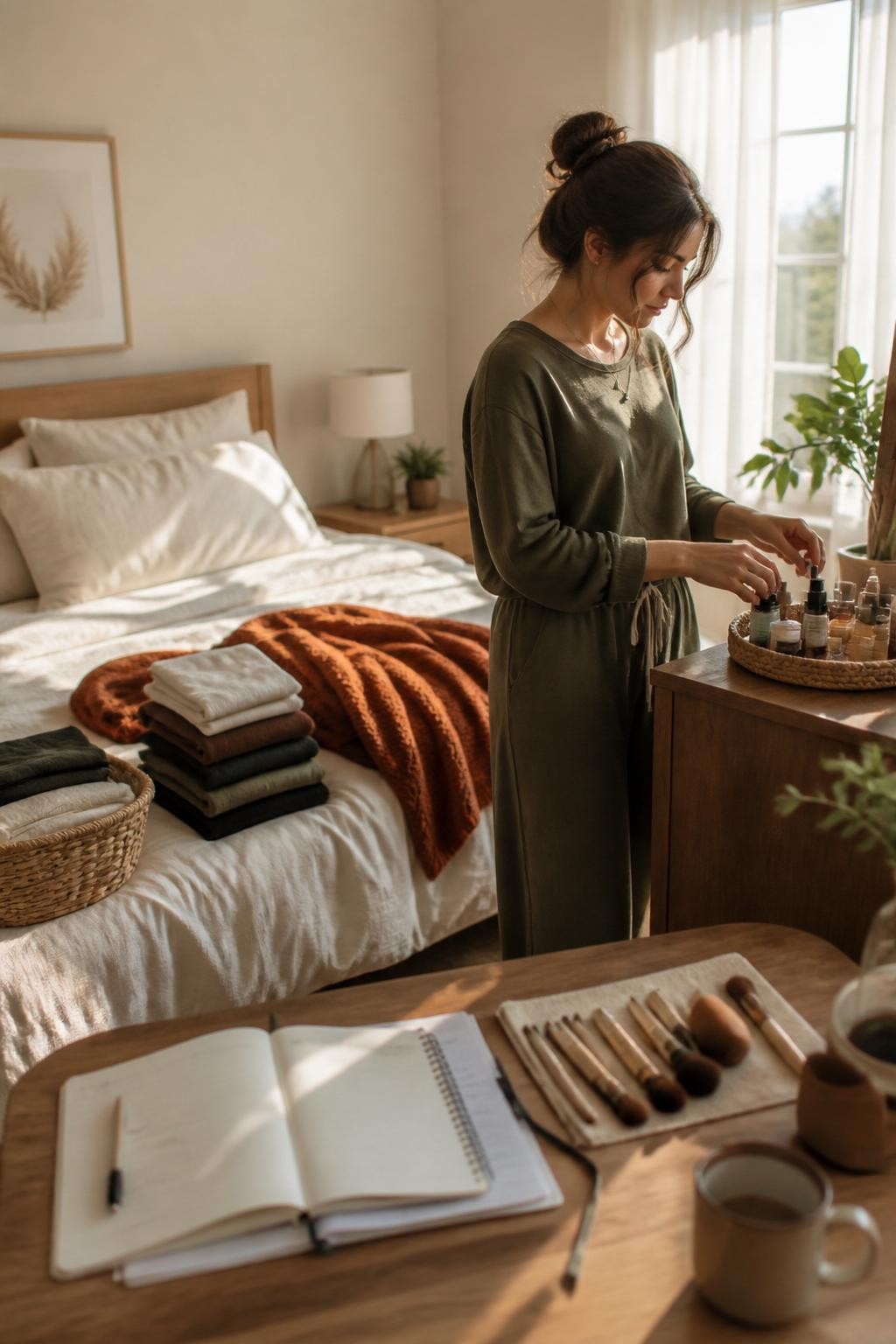 Image Prompt: A realistic editorial lifestyle photograph showing a woman completing a Sunday fall reset in a bright, organized bedroom, fresh cream sheets on the bed, laundry folded into neat stacks, clean makeup brushes drying on a towel, skincare products being arranged on a tray, planner and simple meal list open on a small desk, woman wearing comfortable olive lounge clothes with her hair in a loose bun, warm late-afternoon sunlight, rust throw blanket and natural wooden furniture, calm productive atmosphere, believable household details, DSLR photography, 35mm lens, no product logos, no readable text.