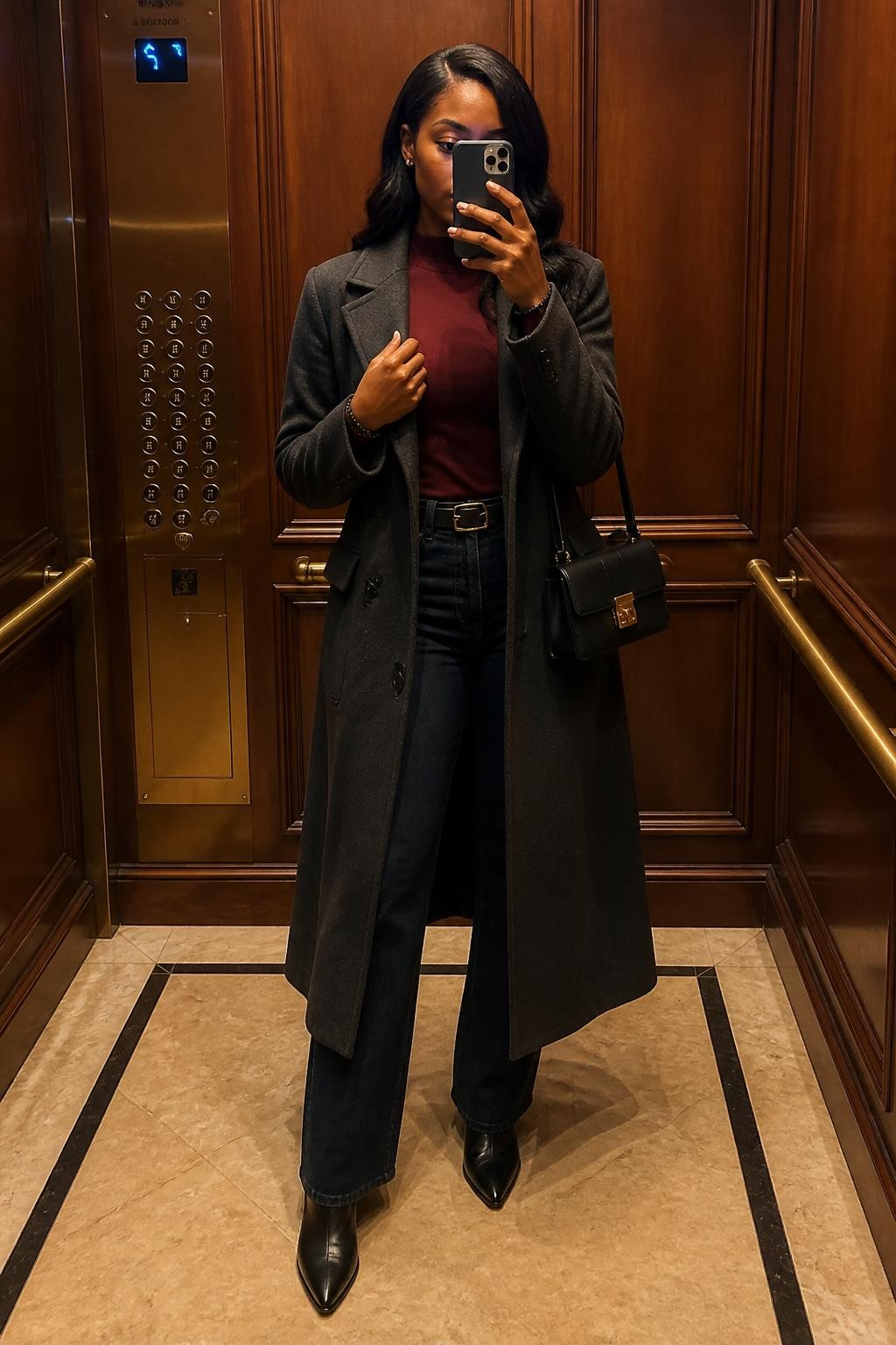 Image Prompt: A polished but realistic mirror photograph of a young Black woman inside a wood-paneled hotel elevator with warm brass details. She wears a long charcoal coat over a fitted burgundy top, straight-leg dark denim, pointed ankle boots, and a small structured bag. Her phone covers part of her face while her other hand lightly holds the coat lapel. The elevator lighting is warm but balanced, with natural deep brown skin tone, believable mirror reflections, subtle fingerprints on the brass panel, visible fabric texture, clean 2026 fashion Instagram aesthetic, no distorted limbs or exaggerated body proportions.
