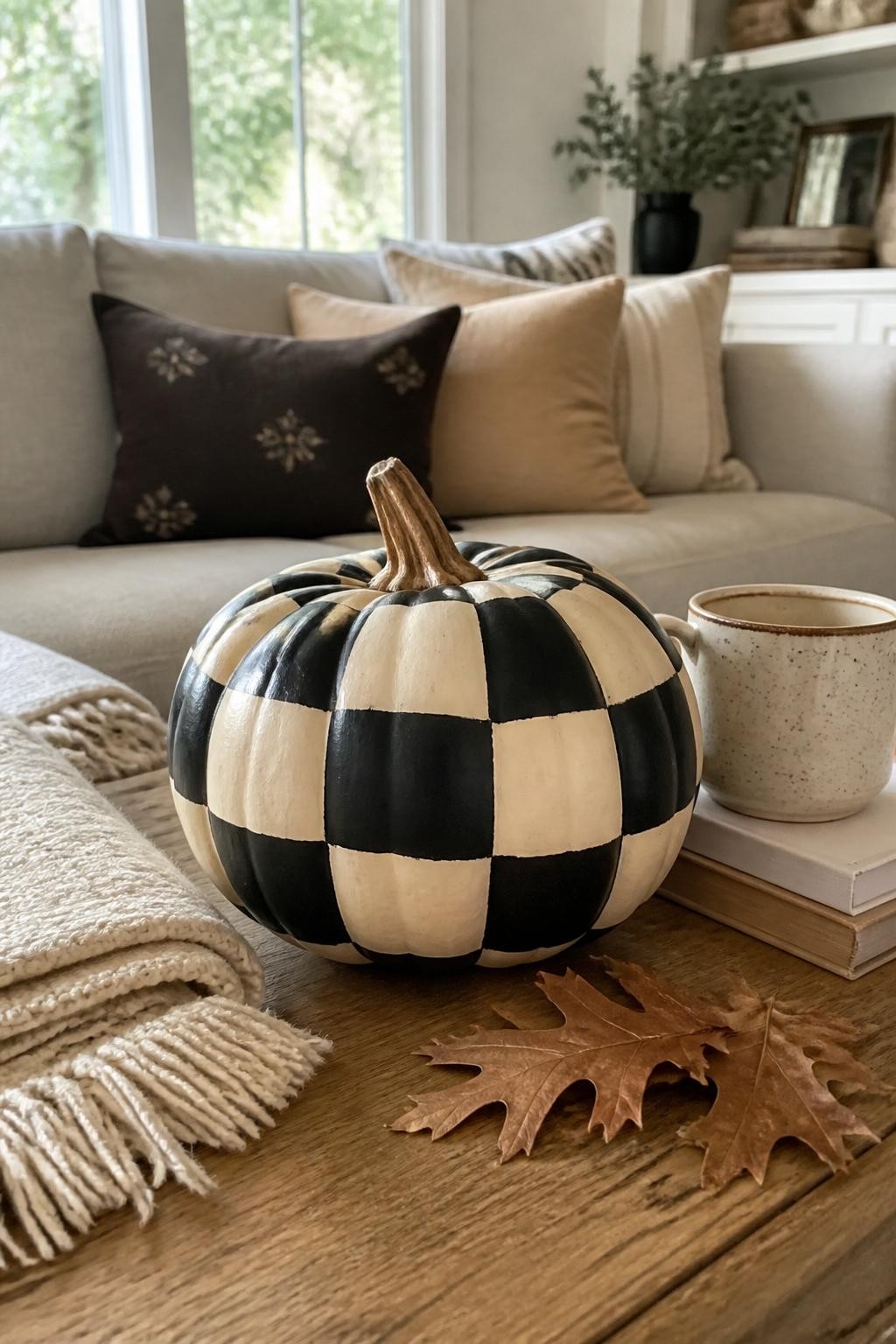 Horizontal 16:9 natural iPhone photograph of a real pumpkin painted with a bold black-and-warm-white checkerboard pattern, slightly uneven squares curving naturally over the ridges, natural brown stem, displayed on a family room coffee table beside a folded cream throw, ceramic mug, neutral books, and dried oak leaves, soft window light, visible handmade imperfections, no perfect digital grid, no text.