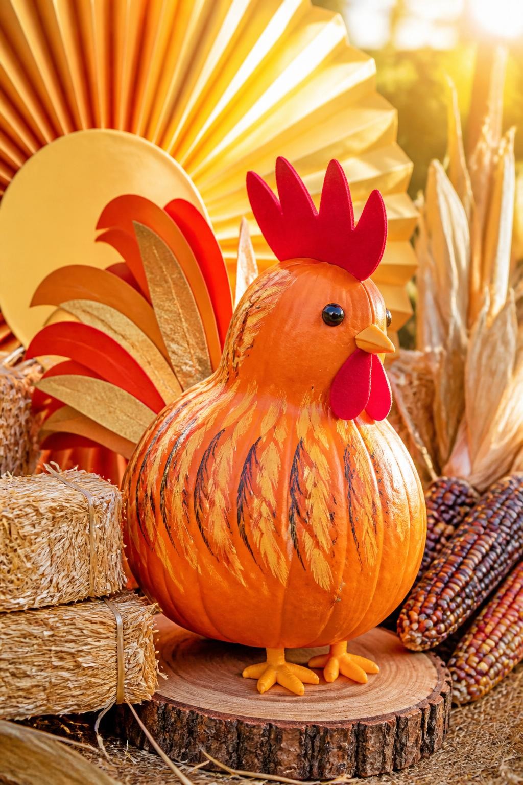 Image Prompt: A realistic DSLR photo of an orange pumpkin decorated as a proud rooster, with bright red felt comb, layered orange and gold paper tail feathers, painted chest detail, small beak, black eyes, standing on a wood slice with mini hay bales, sunburst paper backdrop, dried corn, and warm golden morning light, festive farm-themed fall display.