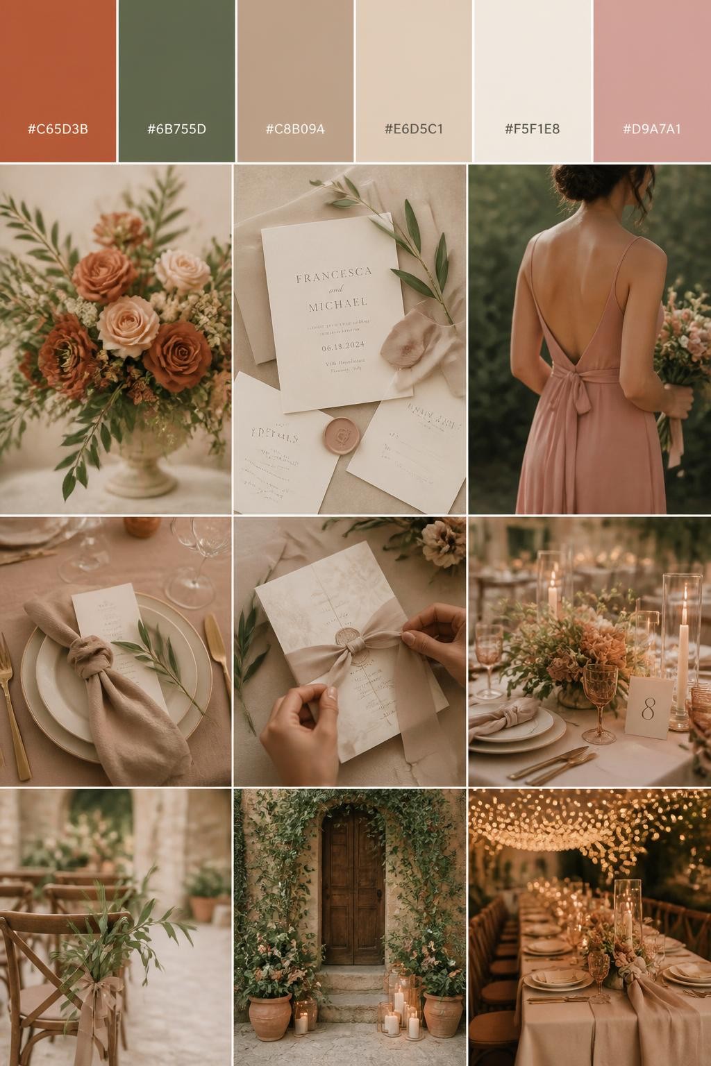 Image Prompt:
A realistic wedding color palette collage with a top row of swatches and hex codes in terracotta, olive green, warm nude, beige, cream, and dusty rose. Below, show realistic wedding details such as terracotta flowers, olive greenery, nude-toned linens, elegant stationery, hands tying an invitation suite, a cropped-from-neck bridesmaid dress detail, and a softly lit reception setup with warm earthy styling. Keep all people shown from the back, side, or cropped below the face, and include some no-people decor scenes for variety. The mood should feel warm, natural, and romantic with DSLR-quality realism. 9:16 vertical format. (no watermarks on images)