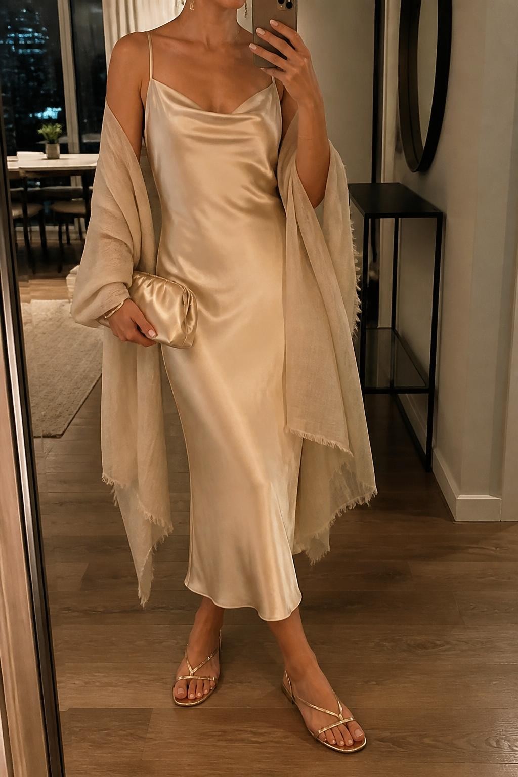 Image prompt
mirror selfie of a woman wearing a champagne satin midi dress with a smooth fit, a sheer neutral beach wrap, metallic flat sandals, small pearl drop earrings, and a small champagne satin clutch, holding a phone in front of a mirror, cropped at NECK so face doesn't show, with a natural casual selfie pose, in a city apartment, warm moody lighting, including, latest iPhone photo quality.