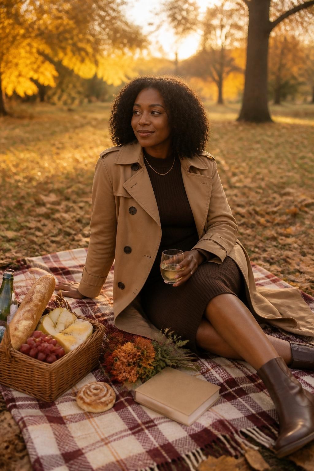 Image Prompt: A realistic DSLR lifestyle photograph of a Black woman with deep brown skin enjoying an elegant solo fall picnic in a quiet tree-filled park during golden hour, seated comfortably on a large cream and burgundy plaid blanket, wearing a camel trench coat over a fitted chocolate knit dress with brown ankle boots, natural curls styled into a soft shoulder-length shape, wicker basket containing a fresh baguette, cheese, red grapes, sliced pears, sparkling water and a small pastry, paperback book and simple bouquet of rust-colored flowers beside her, copper and amber leaves scattered naturally across the grass, low golden sunlight filtering through trees, peaceful confident expression, realistic food, skin and fabric textures, polished editorial lifestyle photography, 50mm lens, no visible brand names, no readable text.