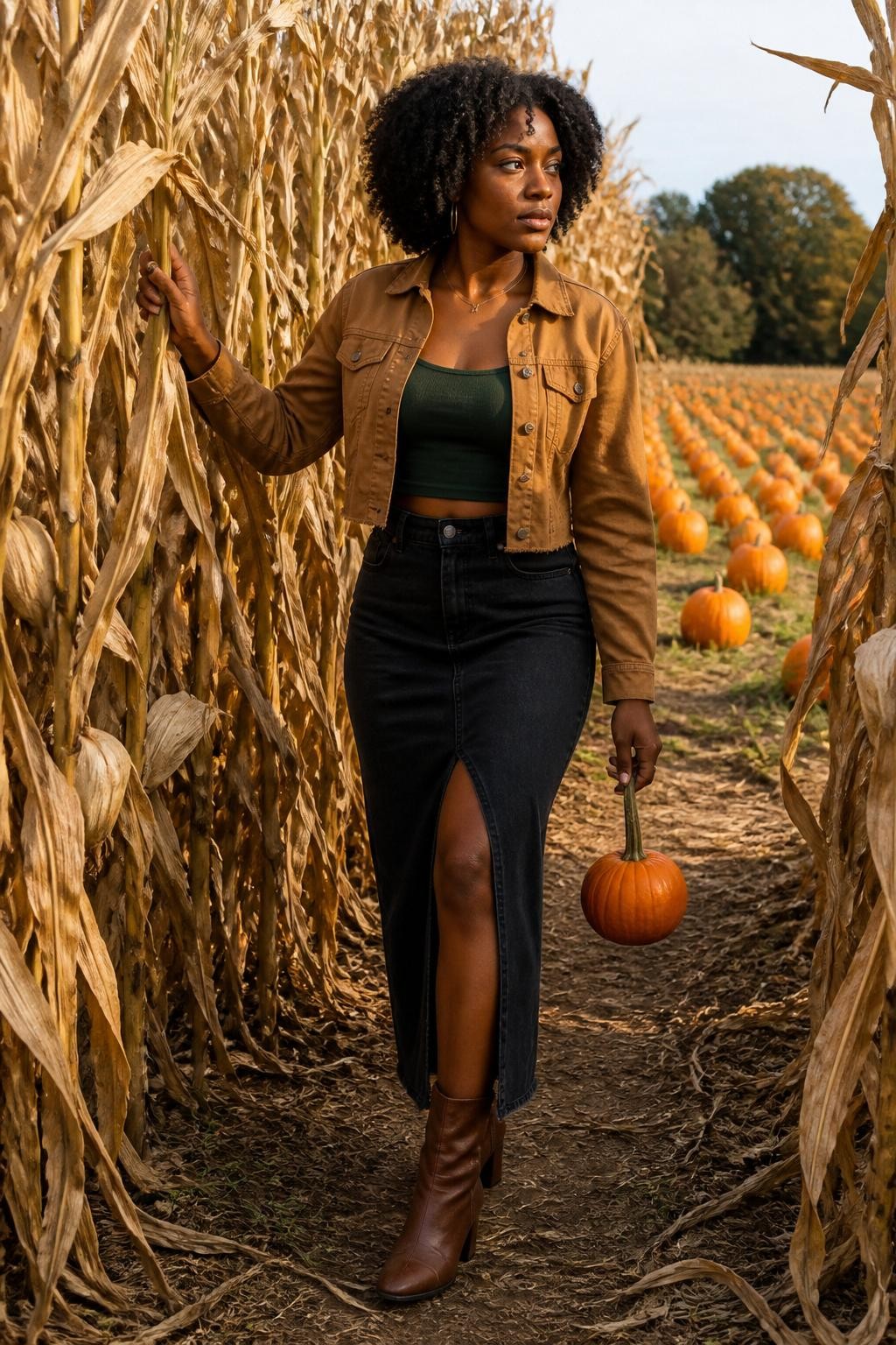 Image Prompt: A realistic outdoor fashion photograph of a young Black woman emerging from the edge of a tall corn maze beside a pumpkin patch. She wears a cropped caramel jacket, a fitted dark green top, a long black denim skirt, and brown heeled boots. Her natural hair is worn in a rounded twist-out. One hand moves a dry corn leaf aside while the other holds a small pumpkin by the stem. She steps forward with one leg visible through the opening and looks toward the field. Golden corn stalks frame both sides of her body, with orange pumpkins beyond. Natural deep brown skin tone, late-afternoon light, realistic leaf texture, confident but achievable pose, editorial autumn photography.