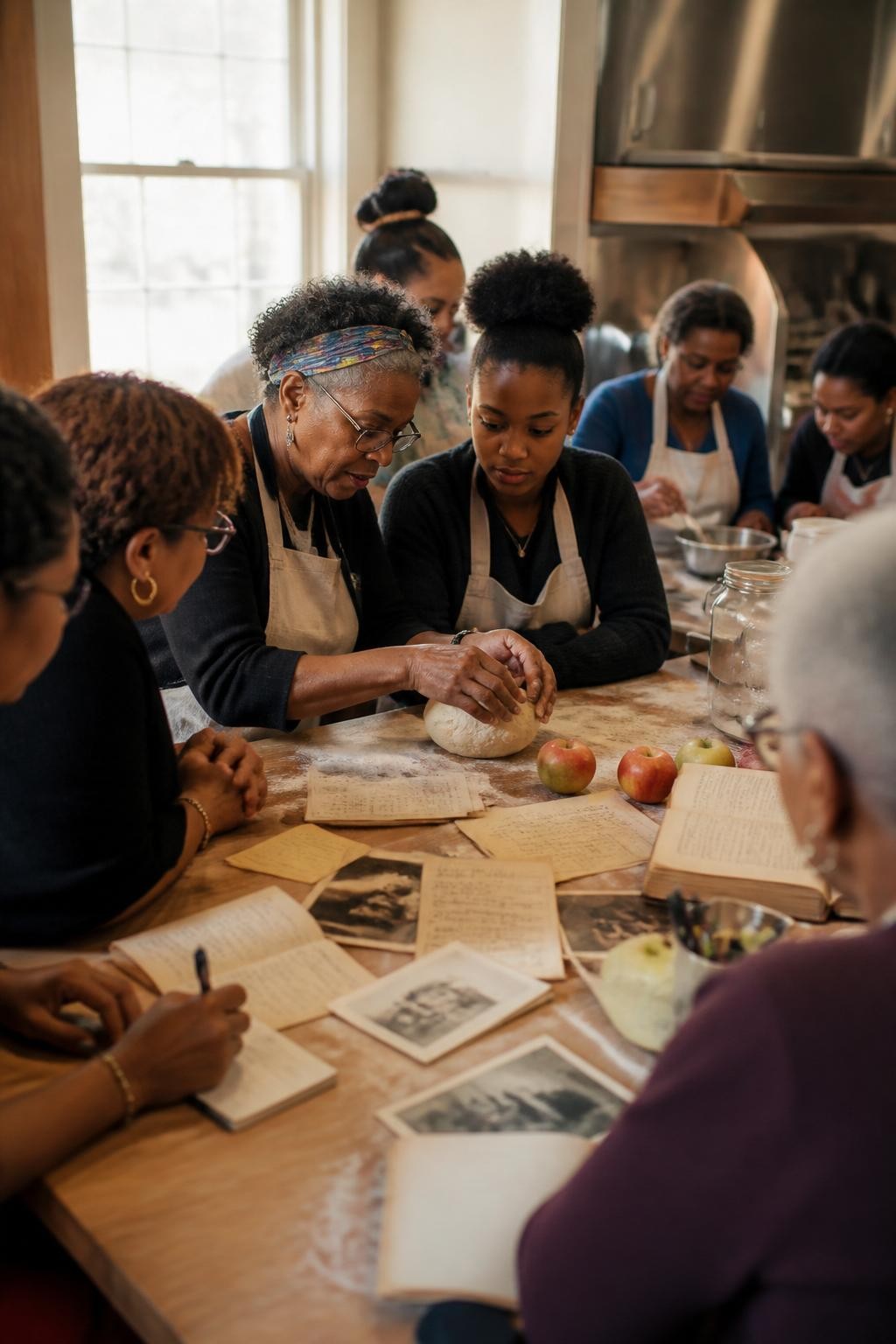 Image Prompt: An intergenerational church group seated around a large wooden table covered with handwritten recipe cards, old cookbooks, family food photographs, apples, flour, and baking tools, an older Black woman showing a younger member how to shape bread while another volunteer records the method on a blank card, warm fellowship hall kitchen, natural flour marks and worn paper edges, soft window light, intimate editorial DSLR photography, no readable recipes, no text overlay.