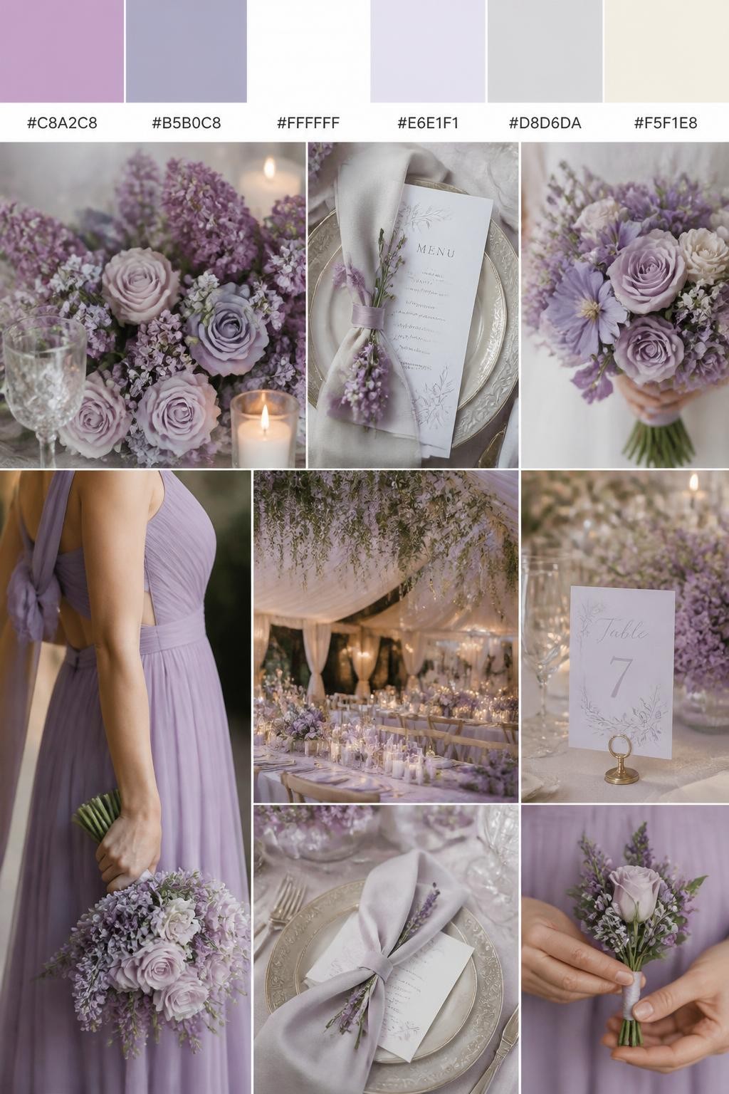Image Prompt:
A realistic wedding mood board in a Pinterest-style collage layout. Add a top strip of swatches with small hex codes in lilac, lavender gray, white, pale lavender, soft gray, and ivory. Below, create a dreamy romantic collage with lavender-gray flowers, lilac blooms, white table decor, menu cards, bouquet close-ups, a side-view body detail of a bridesmaid dress with no face shown, hands holding flowers, and no-people reception styling under soft candlelight. Avoid clear faces completely by using cropped, turned-away, or detail-only compositions. DSLR-style realism, 9:16 vertical format. (no watermarks on images)