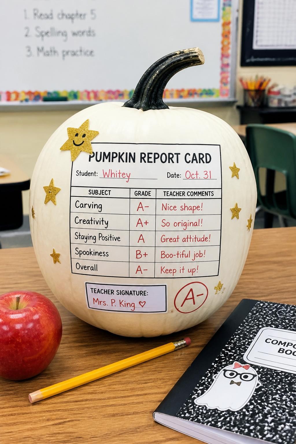 Image Prompt: A realistic DSLR photo of a white pumpkin decorated like a funny school report card, with paper grade boxes, gold star stickers, red pencil marks, tiny teacher comments, a small apple, pencil, and notebook beside it, displayed on a classroom desk with clean bright lighting, playful academic pumpkin decorating idea.