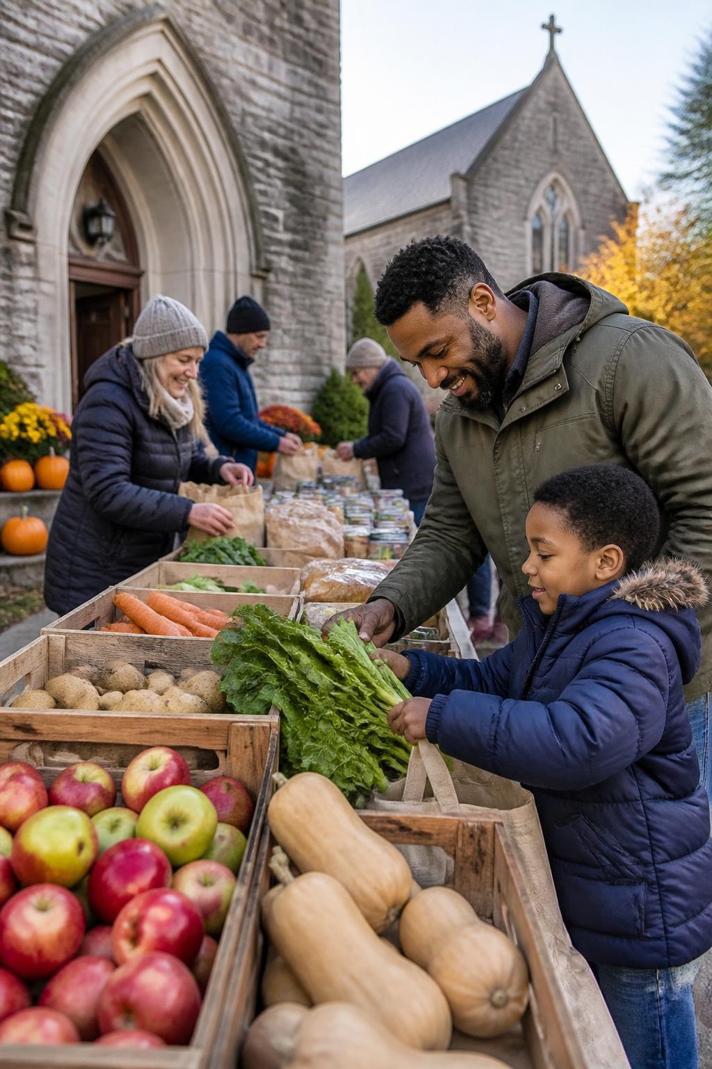 Image Prompt: A welcoming church courtyard set up as a free harvest table, wooden crates filled with apples, squash, potatoes, carrots, bread, and packaged pantry foods, volunteers arranging produce into reusable bags, a Black father helping a child choose vegetables while another church member restocks the table, simple autumn decorations, practical jackets, natural community interaction, soft morning daylight, documentary editorial DSLR photography, no donation branding, no text overlay.