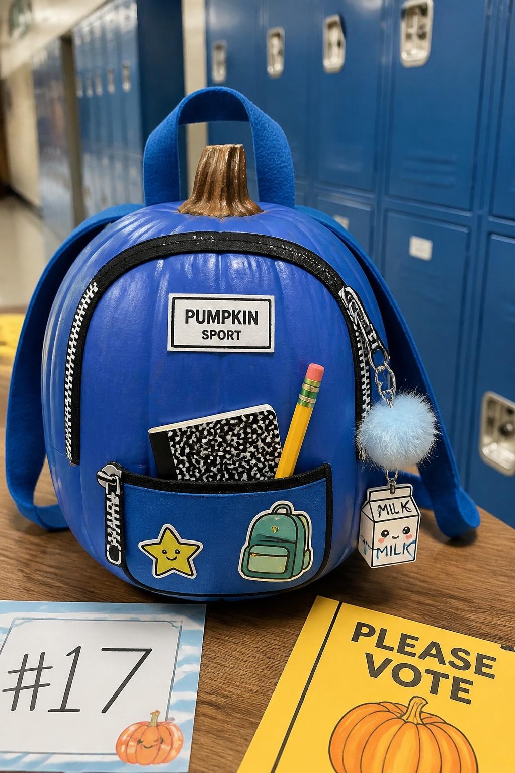 Image Prompt: A realistic DSLR photo of a small blue-painted pumpkin decorated like a cute school backpack, with paper zipper detail, tiny felt straps, keychain charm, sticker patches, notebook and pencil props, displayed on a classroom table with lockers blurred in the background, bright school hallway lighting, creative no-carve pumpkin craft.