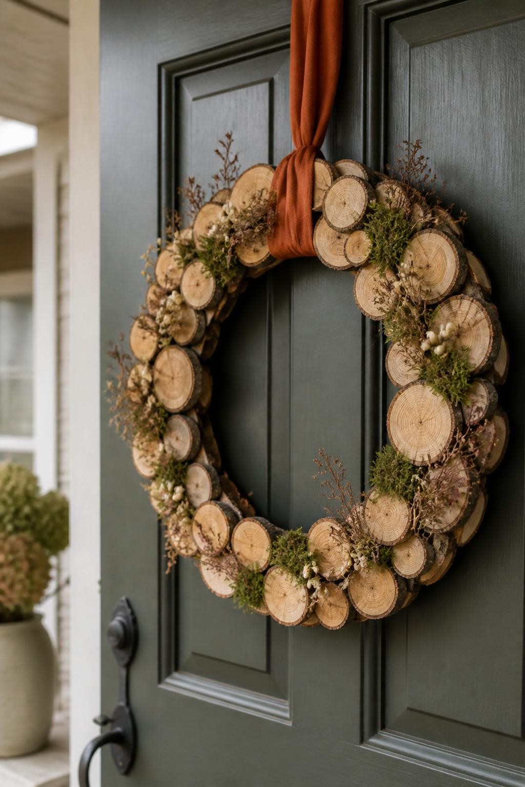 Image prompt: A rustic handmade fall wreath hanging on a dark sage front door, made from small round wood slices arranged in overlapping layers around a flat ring, with patches of preserved moss, tiny cream berries, slender dried twigs, and a simple burnt-orange linen ribbon loop, visible bark edges and natural wood grain, realistic handmade irregularity, covered porch with soft overcast light, DSLR close-up decor photography, no people, vertical image.