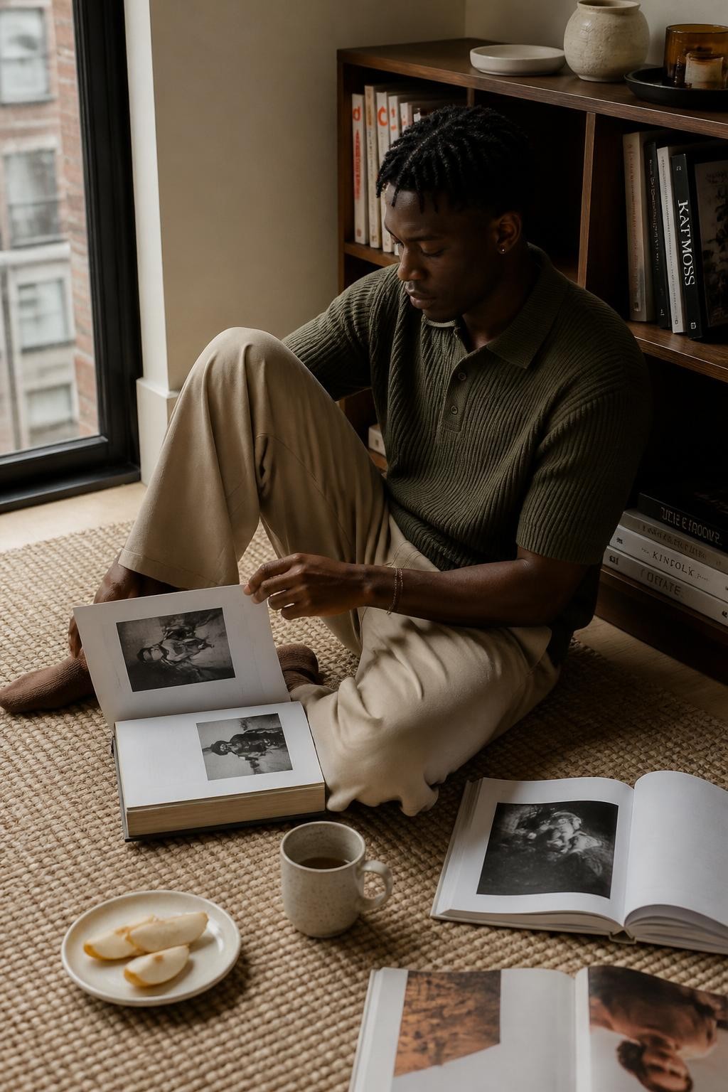 Image Prompt: A realistic lifestyle portrait of a young Black man sitting on a textured rug beside a low bookshelf in a modern apartment. He wears a dark olive knitted polo, relaxed beige trousers, and brown socks. Several open photography books and magazines are spread around him, along with a ceramic mug and a small plate of sliced pears. His hair is in short neat twists. He sits with one knee raised while turning a page, shown from a slightly elevated side angle. Warm window light, accurate dark skin tone, realistic book pages, walnut shelving, soft shadows, no artificial posing, sophisticated fall indoor photography.