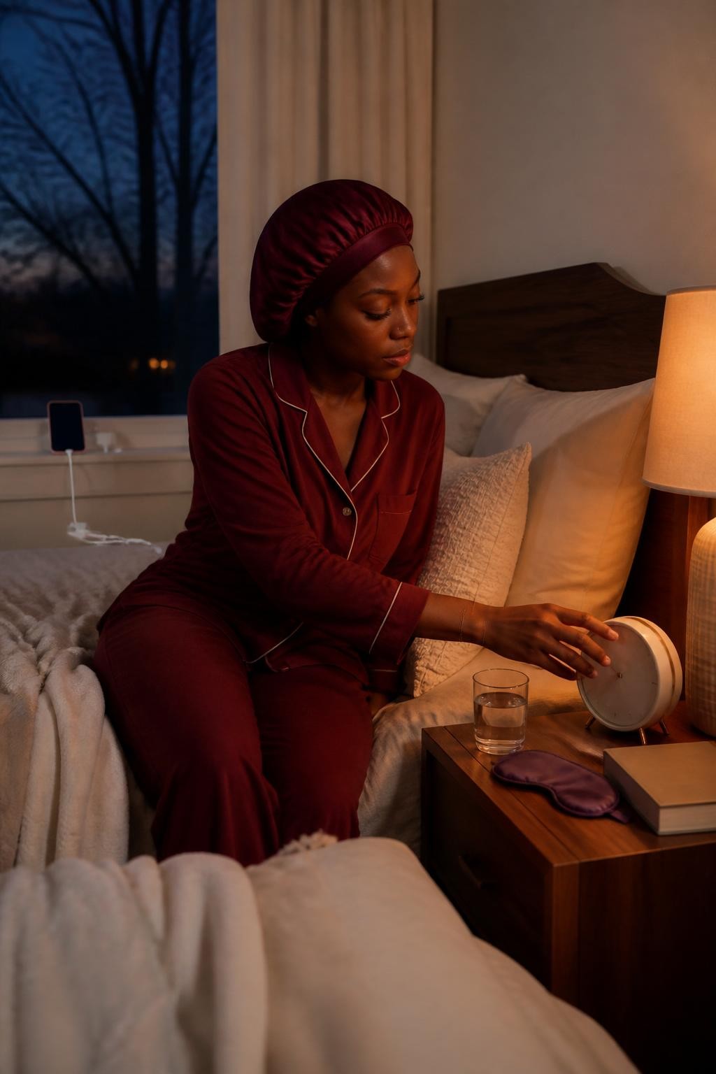 Image Prompt: A realistic nighttime bedroom photograph of a Black woman with deep brown skin preparing for sleep during fall, wearing soft burgundy pajamas while setting a simple bedside alarm clock, natural hair covered with a plum satin bonnet, smartphone charging across the room, layered cream and beige bedding, glass of water, sleep mask, and closed paperback on a walnut nightstand, warm amber lamp and cool dark-blue evening outside the window, natural skin and fabric textures, peaceful premium DSLR lifestyle photography, 50mm lens, no readable clock numbers, no text.