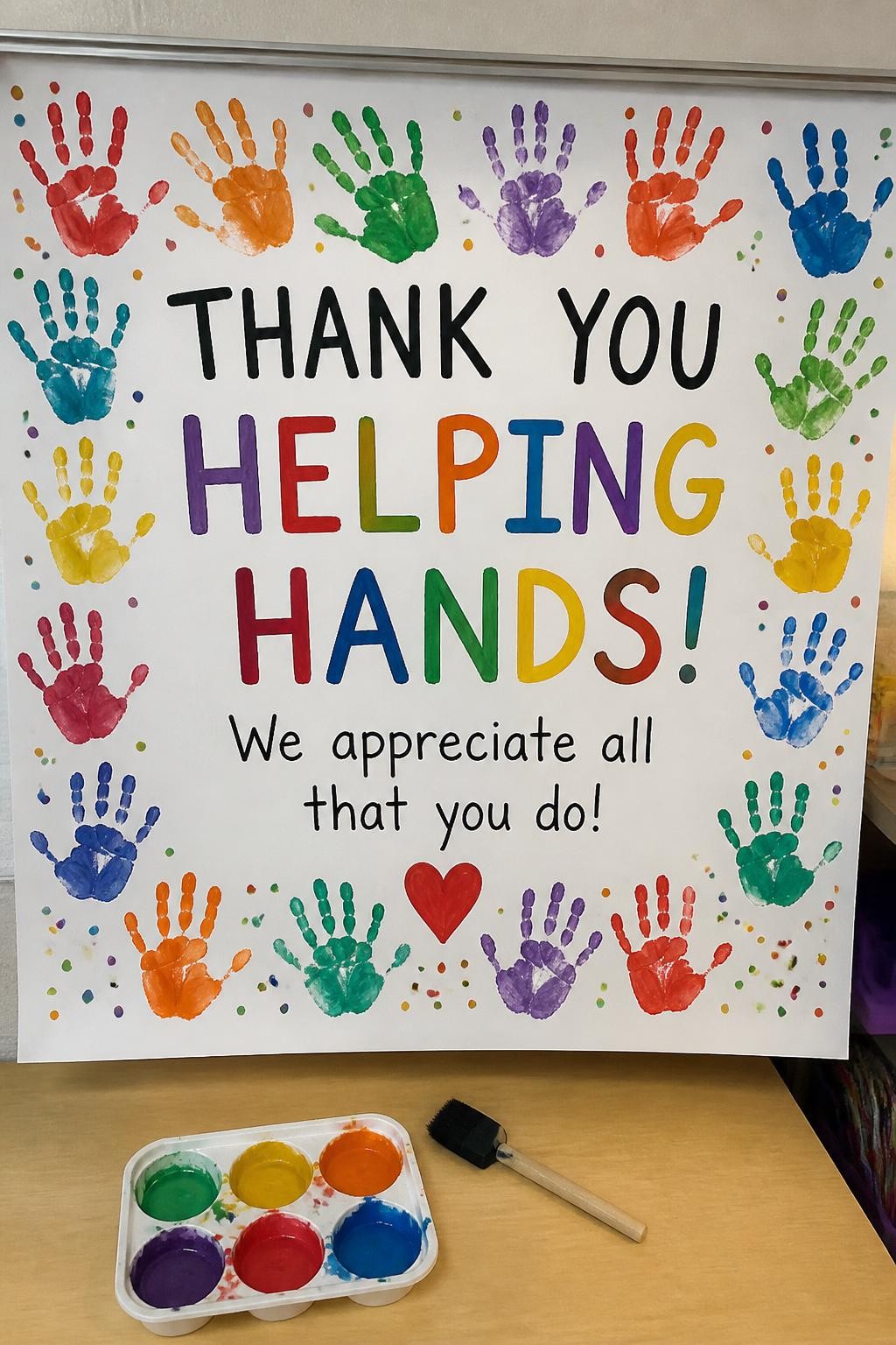 Image Prompt: Photo of a finished helping hands thank-you poster, eye-level close-up, displayed above a classroom activity table with washable paint and a soft paintbrush nearby, bright natural lighting, poster occupying most of the frame, colorful handprints and large appreciation message clearly visible, realistic craft photography, latest iPhone photo quality.