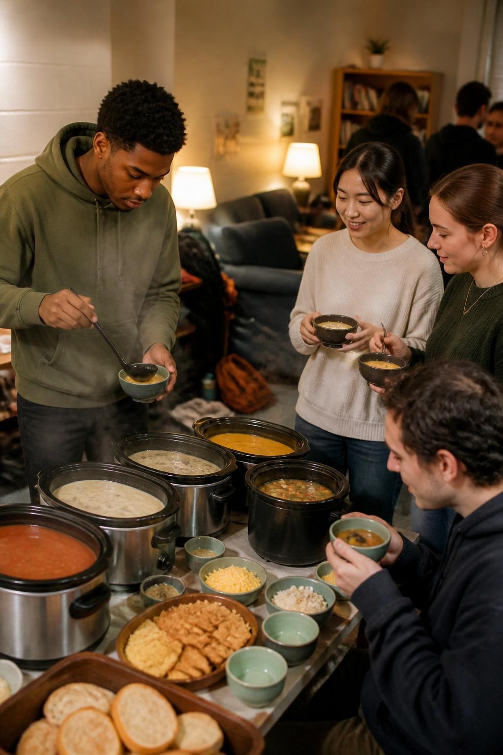 Image Prompt: A small college dorm common room prepared for a fall soup tasting, several slow cookers and insulated pots holding tomato, mushroom, squash and vegetable soups, small reusable bowls, bread rolls, crackers and shredded cheese arranged across a folding table, a diverse group of students serving tasting portions, one Black male student in an olive hoodie pouring soup while friends compare bowls, backpacks and casual dorm furniture in the background, natural steam and food texture, warm overhead lighting softened by table lamps, editorial DSLR lifestyle photography, no readable labels, no text.