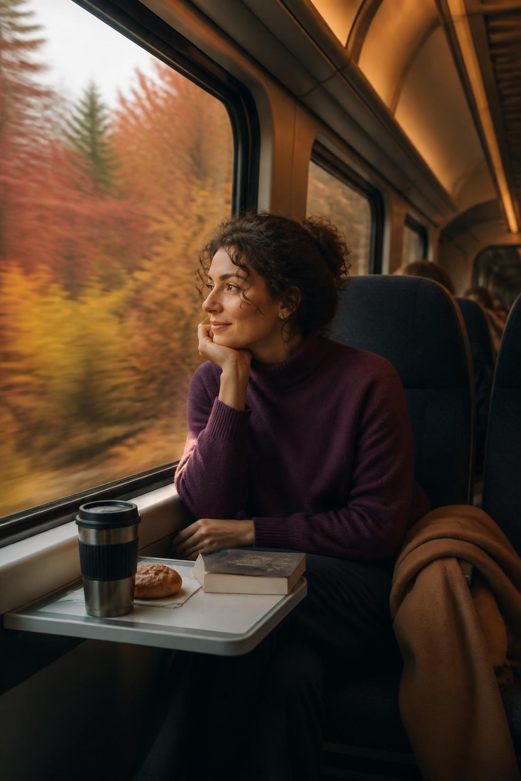 Image Prompt: A cinematic realistic photograph of a woman enjoying a solo scenic fall train journey, seated beside a large window while watching forests of red, amber and yellow pass outside, wearing a soft plum sweater, camel wool coat folded beside her and comfortable dark trousers, curly brown hair loosely pinned back, paperback book, travel mug and small pastry on the fold-down table, warm natural light falling across her face, quiet modern carriage with other passengers softly blurred, believable window reflections and motion, editorial travel photography, 50mm lens, no transport logos, no readable text.