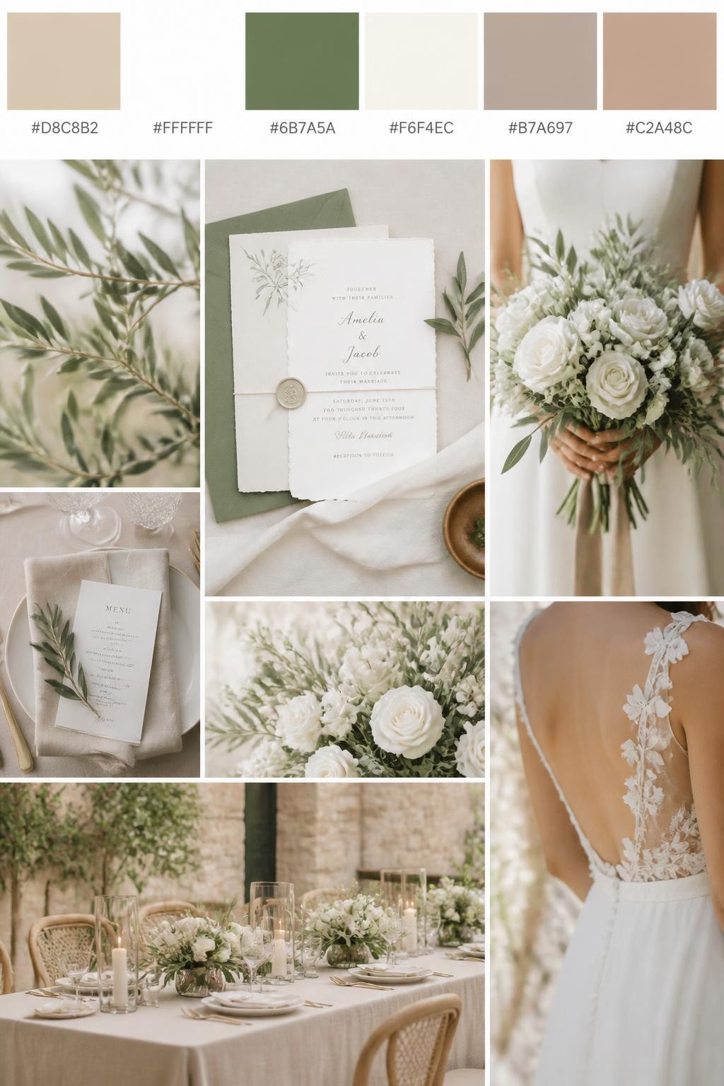 Image Prompt:
A realistic wedding color scheme mood board with a top swatch strip and small hex codes in sand beige, white, olive green, ivory, warm taupe, and pale brown. Below, create a soft romantic collage of olive greenery, white flowers, sand-toned linens, airy invitations, hands holding a bouquet, a back-view bridal detail, and a no-people reception table with soft earthy styling. Use no clear faces and mix detail shots with no-people decor images for variety. The mood should feel calm, airy, and romantic with soft natural light and DSLR-style realism. 9:16 vertical format. (no watermarks on images)