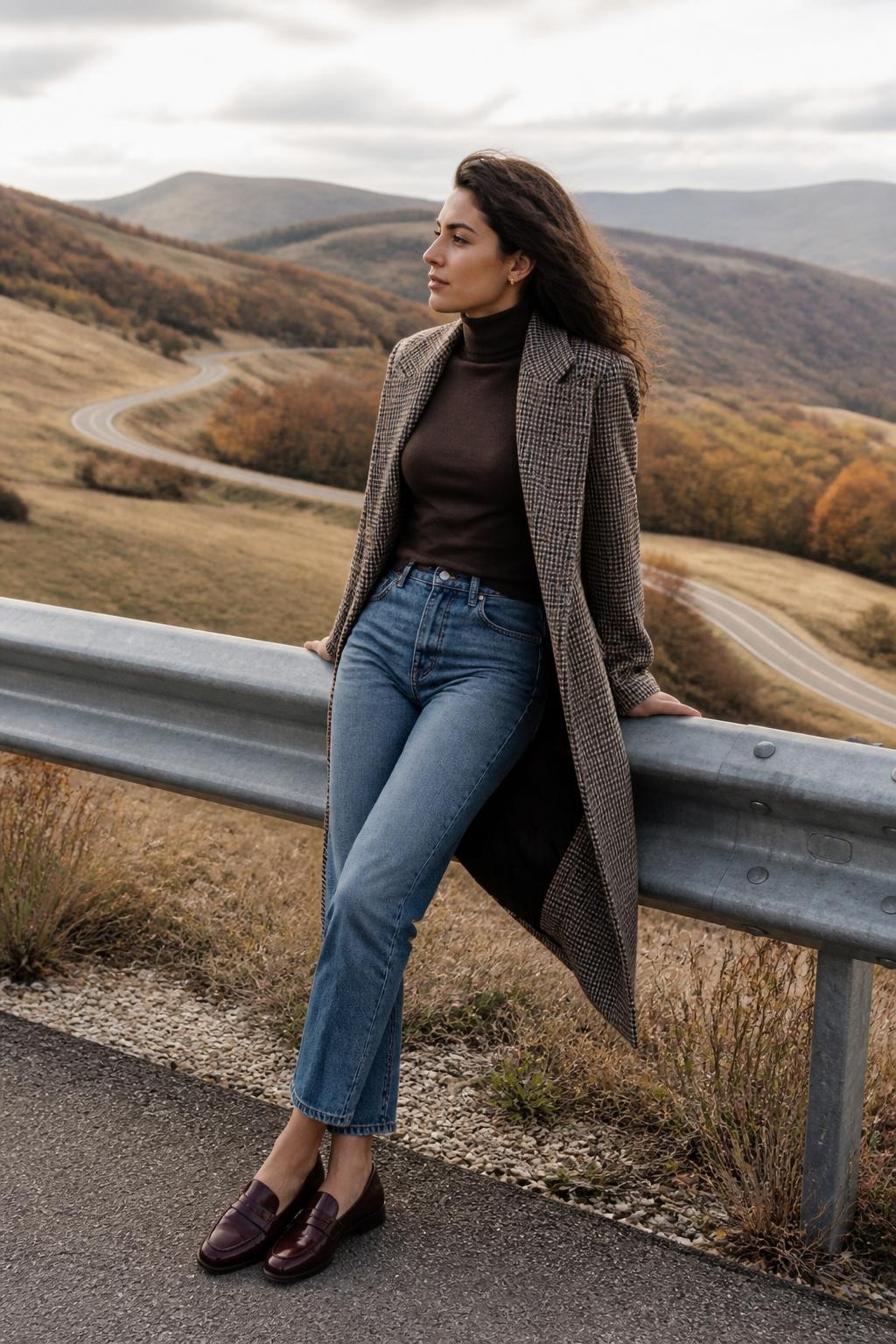 Image Prompt: A realistic roadside editorial photograph of a young Mediterranean woman standing beside a clean metal guardrail on a quiet country overlook during fall. She wears a fitted dark brown turtleneck, a long checked coat, straight blue jeans, and oxblood loafers. She stands with her back lightly touching the rail, one ankle crossed in front of the other, and both elbows resting behind her along the top edge. Her shoulders remain open while her face turns toward the distant hills. The landscape contains faded gold grass, rust-colored trees, and a winding road below. Soft late-day sunlight, natural tan skin tone, realistic metal reflections, wind moving the coat slightly, sophisticated but achievable travel photography.