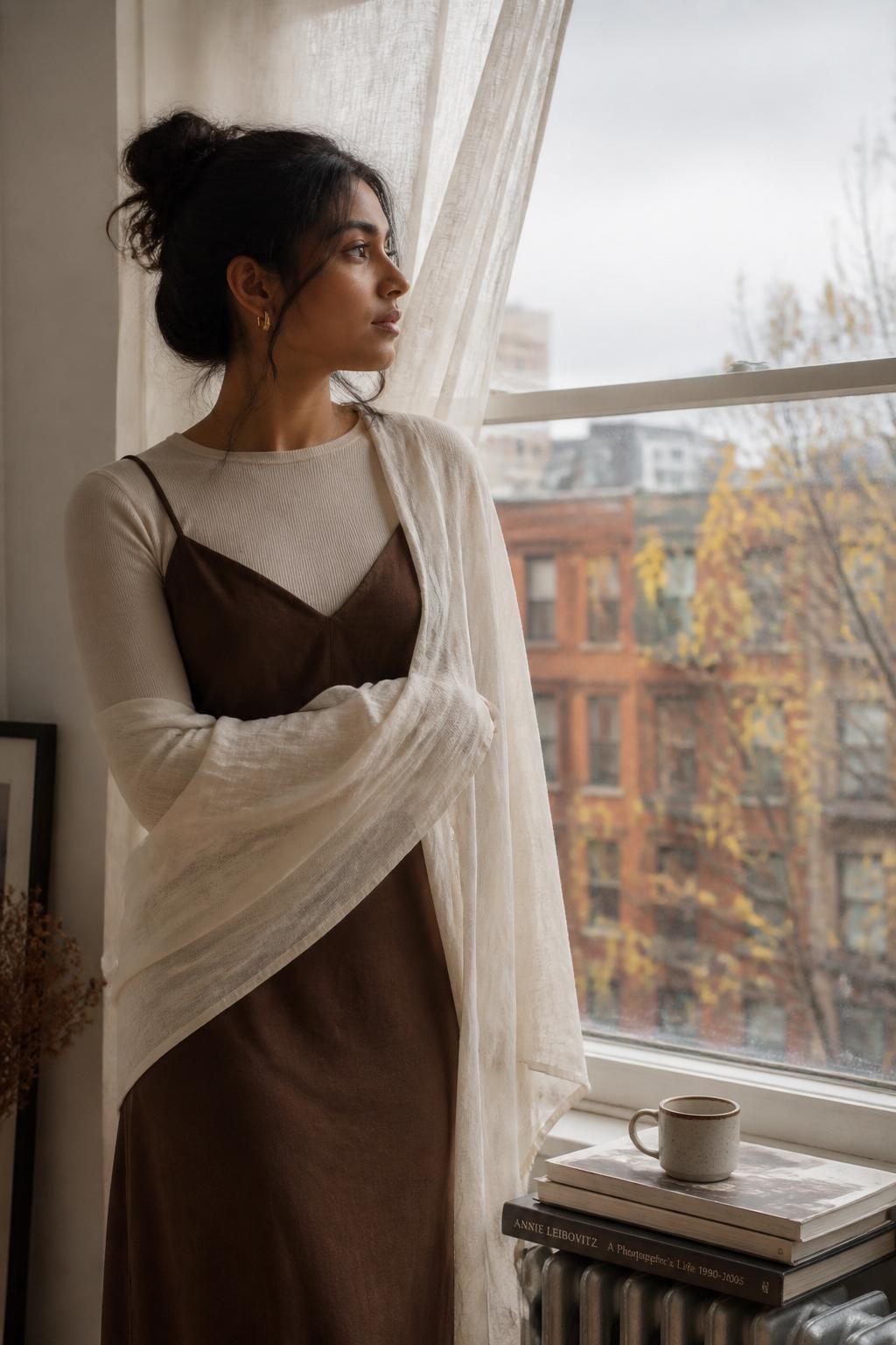 Image Prompt: A soft realistic portrait of a young South Asian woman standing beside a tall apartment window on a cloudy fall morning. She wears a cocoa-colored slip dress layered over a fitted cream long-sleeve top. One sheer linen curtain wraps loosely around her shoulder and arm as it moves in a light indoor breeze. Outside the window, blurred red brick buildings and muted yellow tree branches are visible. A low radiator, stacked art books, and a ceramic cup sit nearby. She looks through the glass with a calm expression, face shown in three-quarter profile. Natural brown skin texture, diffused daylight, delicate curtain transparency, realistic fabric folds, minimal editorial photography.