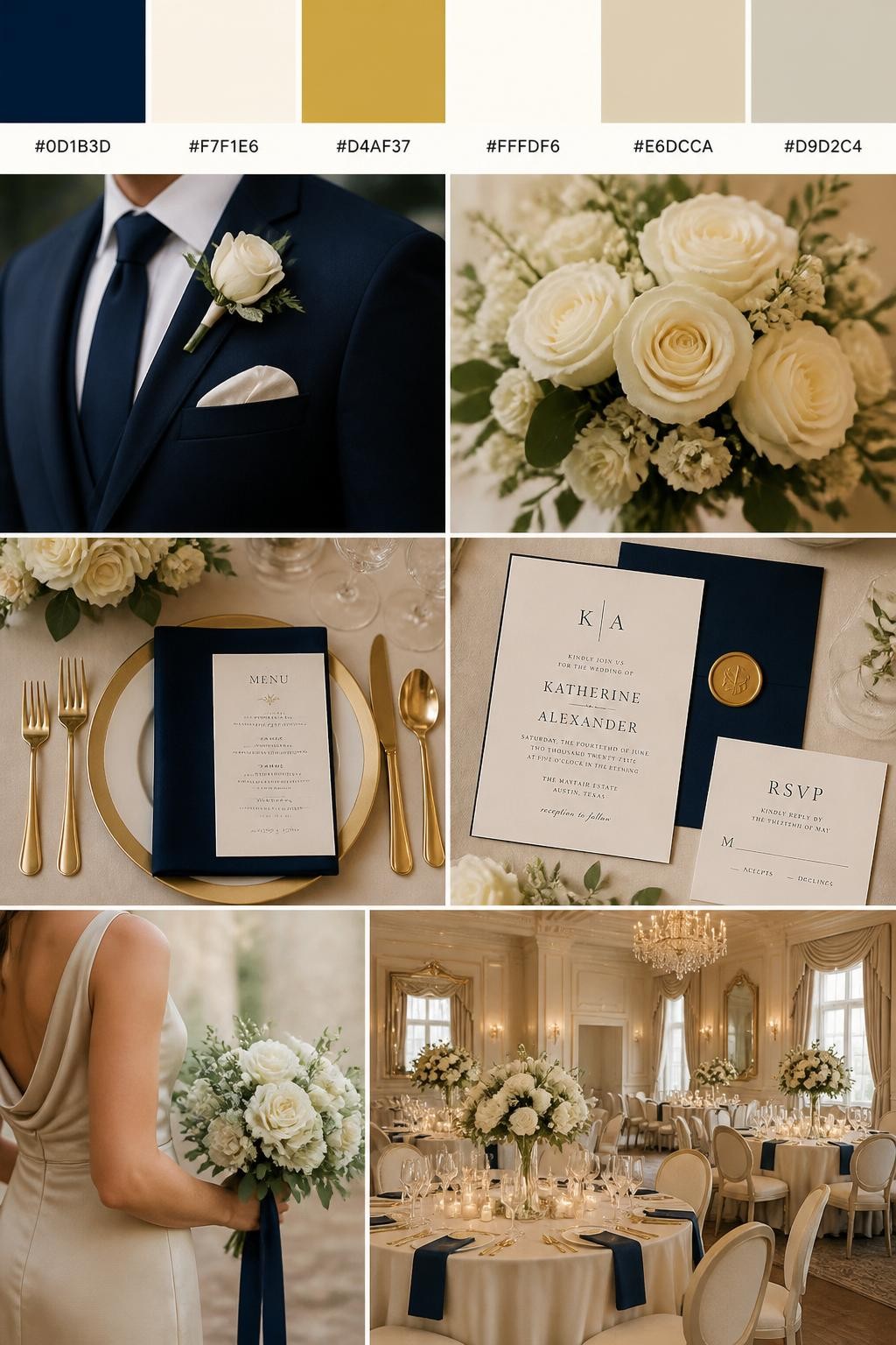 Image Prompt:
A realistic Pinterest-style wedding palette board with a top row of swatches and hex codes in navy blue, cream, soft gold, ivory, warm beige, and pale taupe. Below the swatches, create a polished wedding collage with navy suit details, cream roses, gold flatware, elegant place settings, refined stationery, a side-view bouquet shot, a bridesmaid dress detail cropped below the shoulders, and a no-people reception setup in a formal ballroom or estate dining room. Use varied no-face compositions, including hands-only details, back-view styling, side-view crops, and no-people decor scenes. DSLR photo realism, 9:16 vertical format. (no watermarks on images)