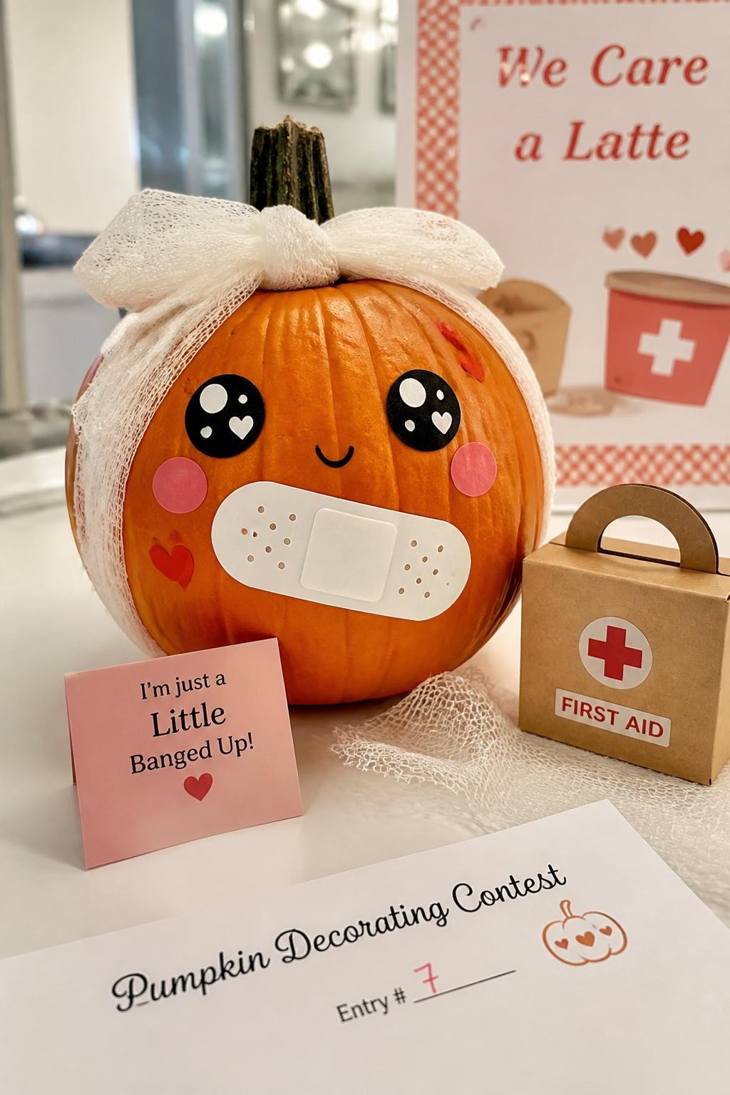 Image Prompt: A realistic DSLR photo of a small orange pumpkin decorated with cute kawaii-style eyes, a large white bandage across the front, tiny heart stickers, soft pink cheeks, mini first aid box made from cardboard, white gauze ribbon, pastel red and cream color palette, bright cheerful medical office contest display.