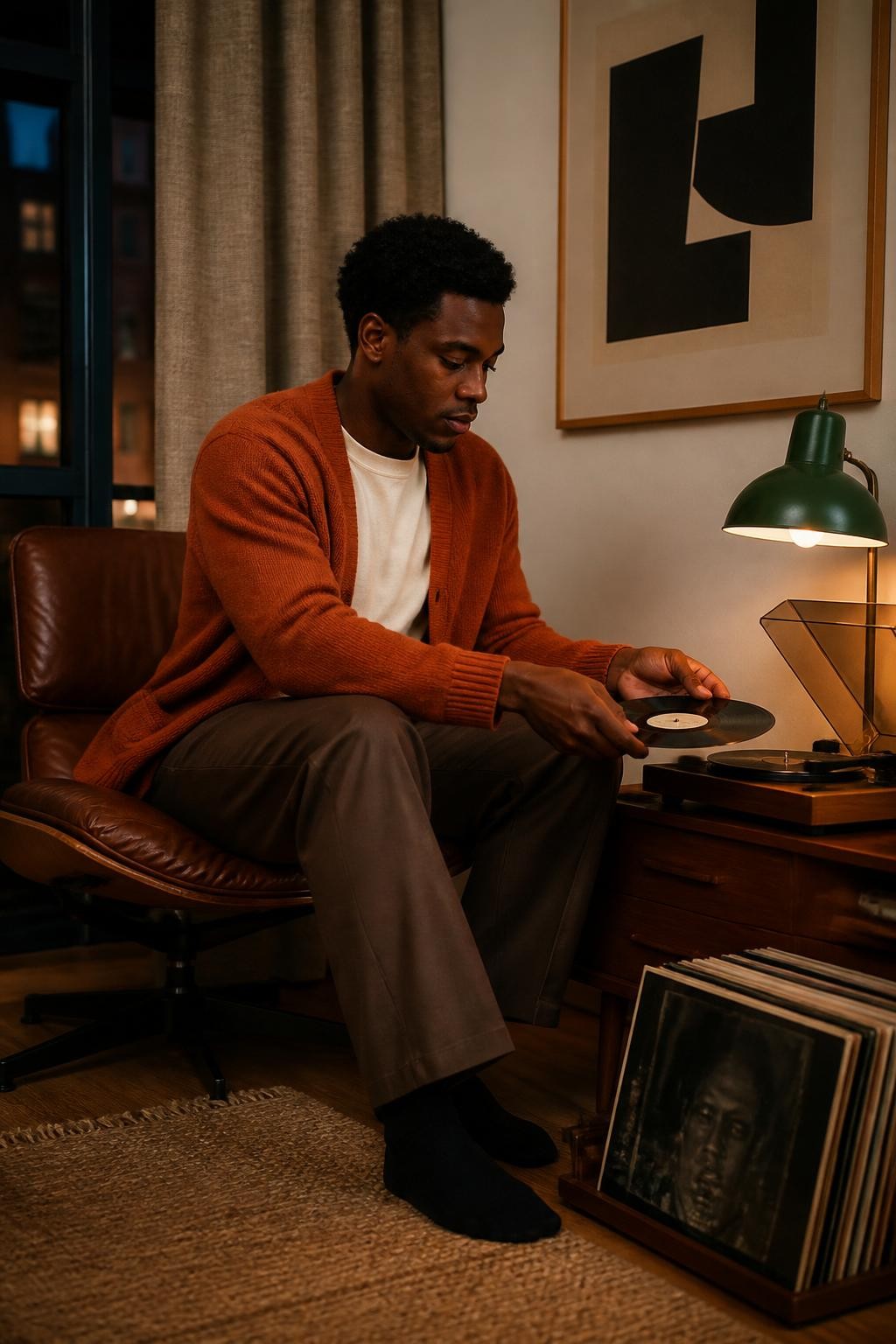Image Prompt: A realistic DSLR indoor portrait of a stylish young Black man sitting beside a compact record player in a warmly lit living room. He wears a burnt orange cardigan over a cream T-shirt, dark brown relaxed trousers, and clean black socks. His short natural hair is neatly shaped. He sits sideways in a low leather chair while placing a vinyl record onto the turntable, looking down rather than at the camera. The room includes walnut furniture, a stack of records, a dark green floor lamp, one abstract print, and textured curtains. Evening window light mixes gently with the lamp glow, natural deep brown skin tone, realistic hand placement, visible cardigan texture, subtle grain, modern autumn editorial photography.