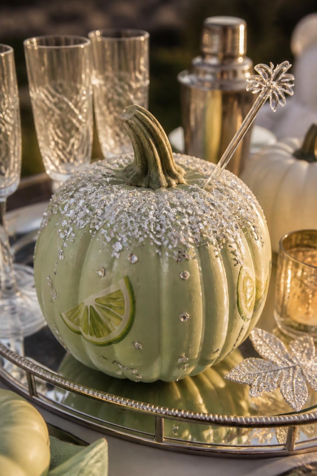 Image Prompt: A realistic DSLR photo of a pale green pumpkin decorated with chunky white and silver glitter around the top like a sparkling salted rim, tiny rhinestone salt dots, painted lime wedges, and a clear acrylic cocktail stirrer, placed on a mirrored tray with glassware and warm evening light, glam margarita-themed fall decor.