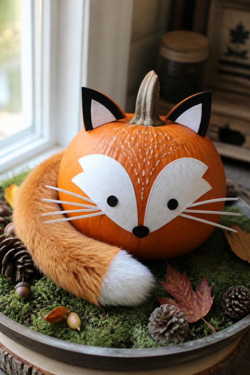 Image Prompt: A realistic DSLR photo of a medium orange pumpkin decorated as a woodland fox, with a white painted face patch, black felt ears, paper whiskers, a fluffy faux fur tail curled around the side, tiny painted nose, sitting on a moss-covered tray with pinecones, acorns, dried leaves, and warm natural window light, cozy autumn craft display, sharp handmade details.