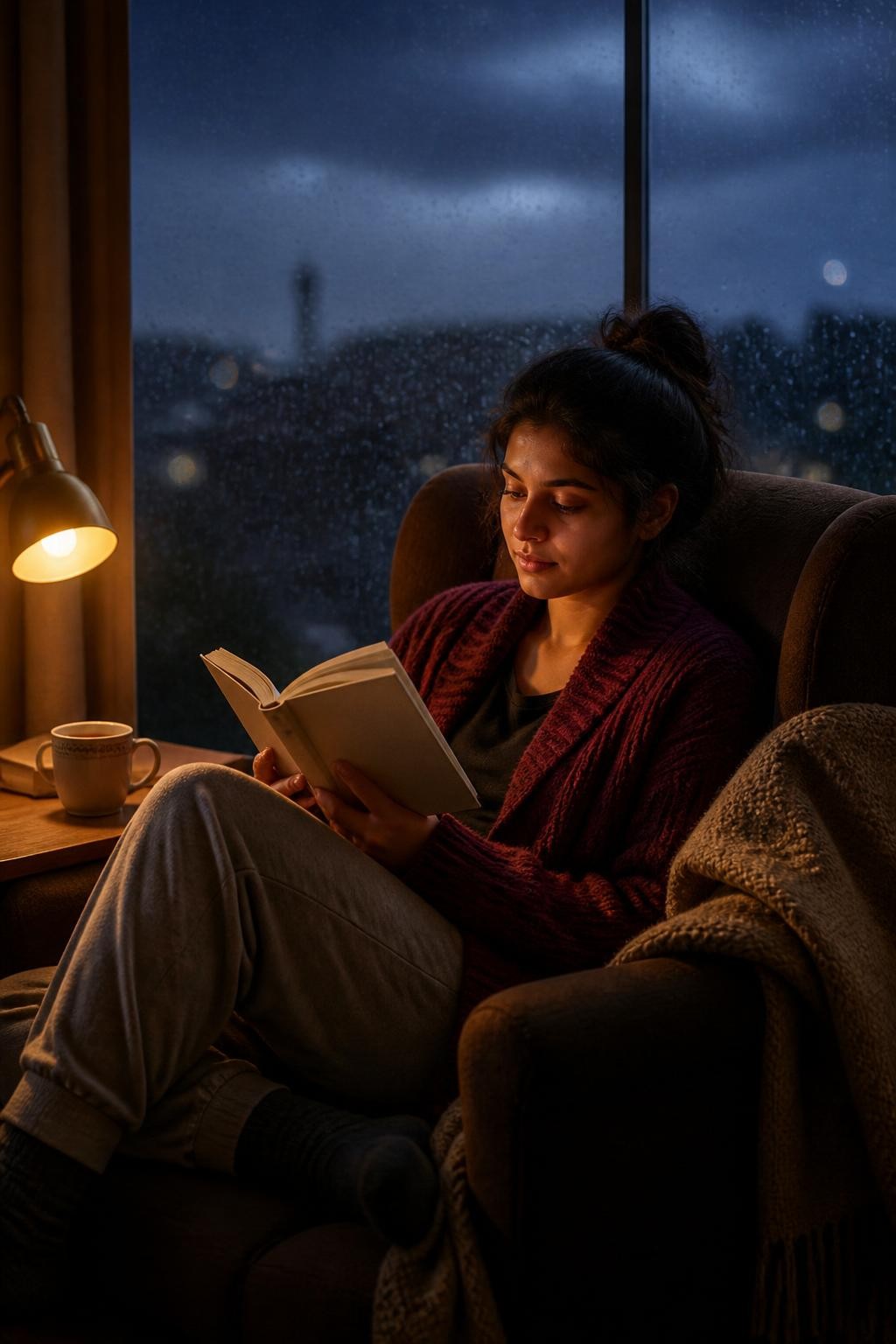 Image Prompt: A photorealistic lifestyle photograph of a South Asian woman enjoying a quiet reading evening beside a large rain-speckled window, curled into a deep armchair in a soft burgundy cardigan and comfortable trousers, holding an open paperback book with the cover turned away, warm chai on a wooden side table, small reading lamp casting an amber glow, wool blanket draped over the chair, dark blue rainy sky outside, realistic fabric and skin textures, intimate editorial photography, 50mm lens, shallow depth of field, no readable book text, no logos.