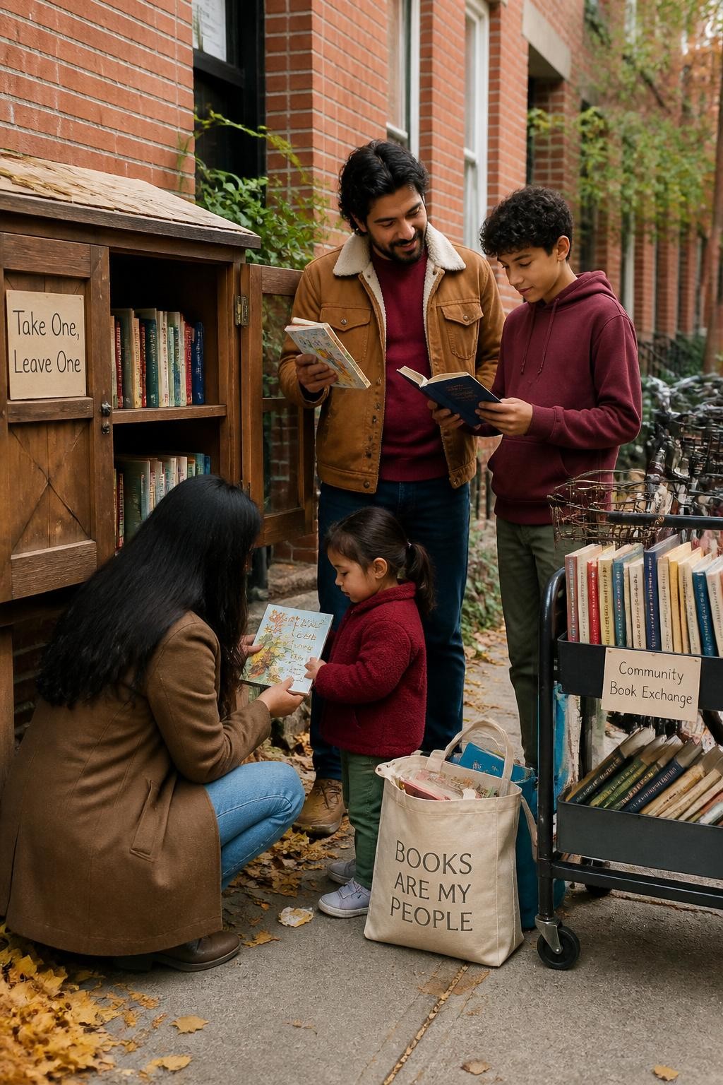 Image Prompt: A realistic editorial family photograph beside a community book-exchange cabinet and outdoor rolling book cart. A Latino family of four wears layered outfits in dark red, camel, cream, olive, and faded blue. One parent crouches beside the youngest child at a lower shelf, while the other parent and teenage son compare two books above them. A canvas tote contains several books to donate, and one handwritten card reads “Take One, Leave One.” Yellow leaves gather near the wooden cabinet, with red-brick homes and bicycles behind them. Natural olive skin tones, realistic paper textures, balanced cloudy daylight, relaxed body language, modern neighborhood lifestyle photography.