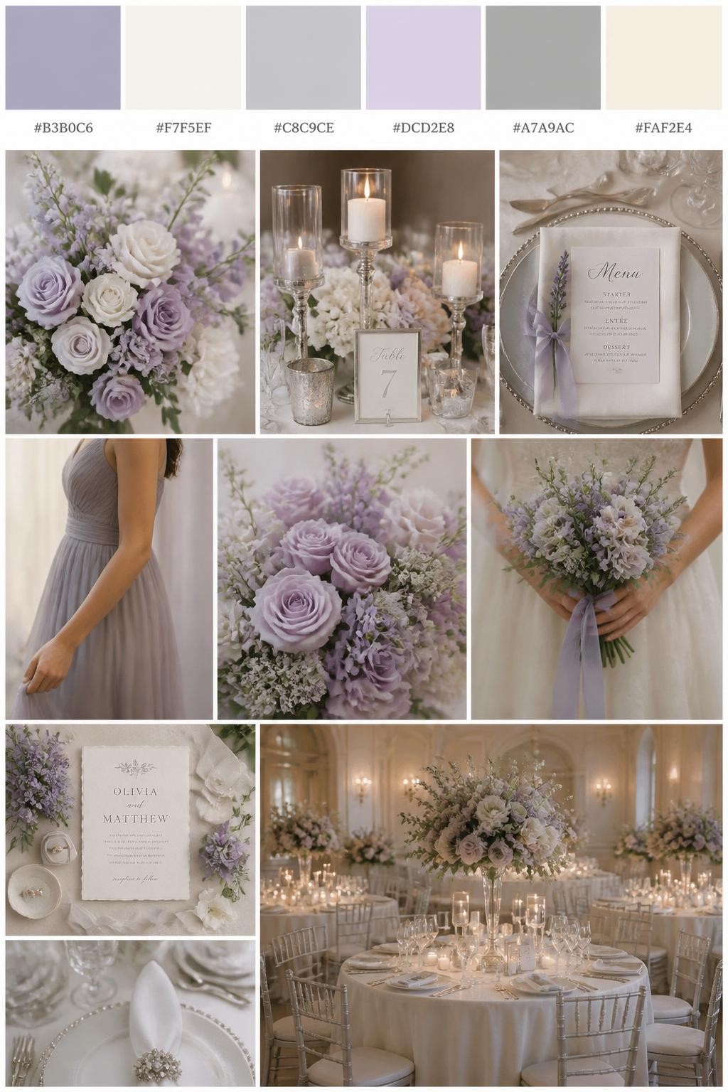 Image Prompt:
A realistic wedding mood board in a Pinterest-style collage layout. Add a top strip of swatches with small hex codes in lavender gray, ivory, silver, pale lilac, soft gray, and cream. Below, create a romantic collage with lavender-gray flowers, ivory table decor, silver candle holders, menu cards, bouquet close-ups, a side-view body detail of a bridesmaid dress with no face shown, hands holding flowers, and no-people reception styling under soft candlelight in a refined indoor venue. Avoid clear faces completely by using cropped, turned-away, or detail-only compositions. DSLR-style realism, 9:16 vertical format. (no watermarks on images)