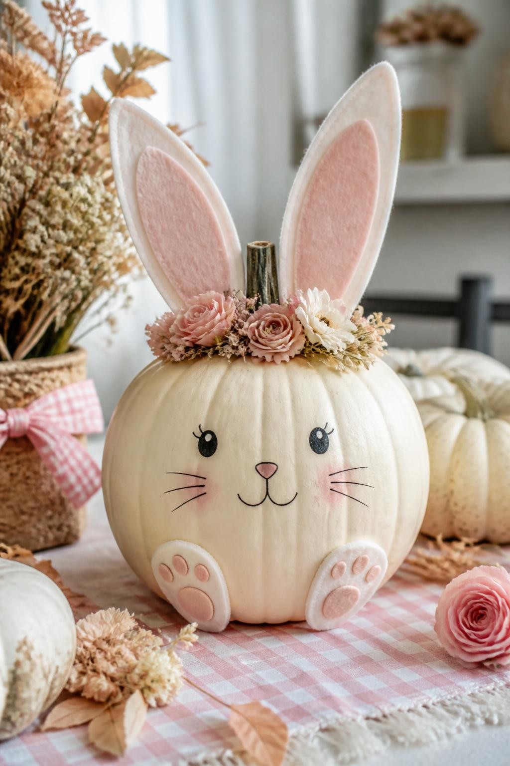 Image Prompt: A realistic DSLR photo of a cream pumpkin decorated as a sweet bunny, with tall felt ears, soft painted face, blush cheeks, small paper flower crown around the stem, tiny paws on the front, displayed on a pastel fall table with dried flowers, gingham ribbon, and soft daylight, cute cottage-style animal pumpkin craft.