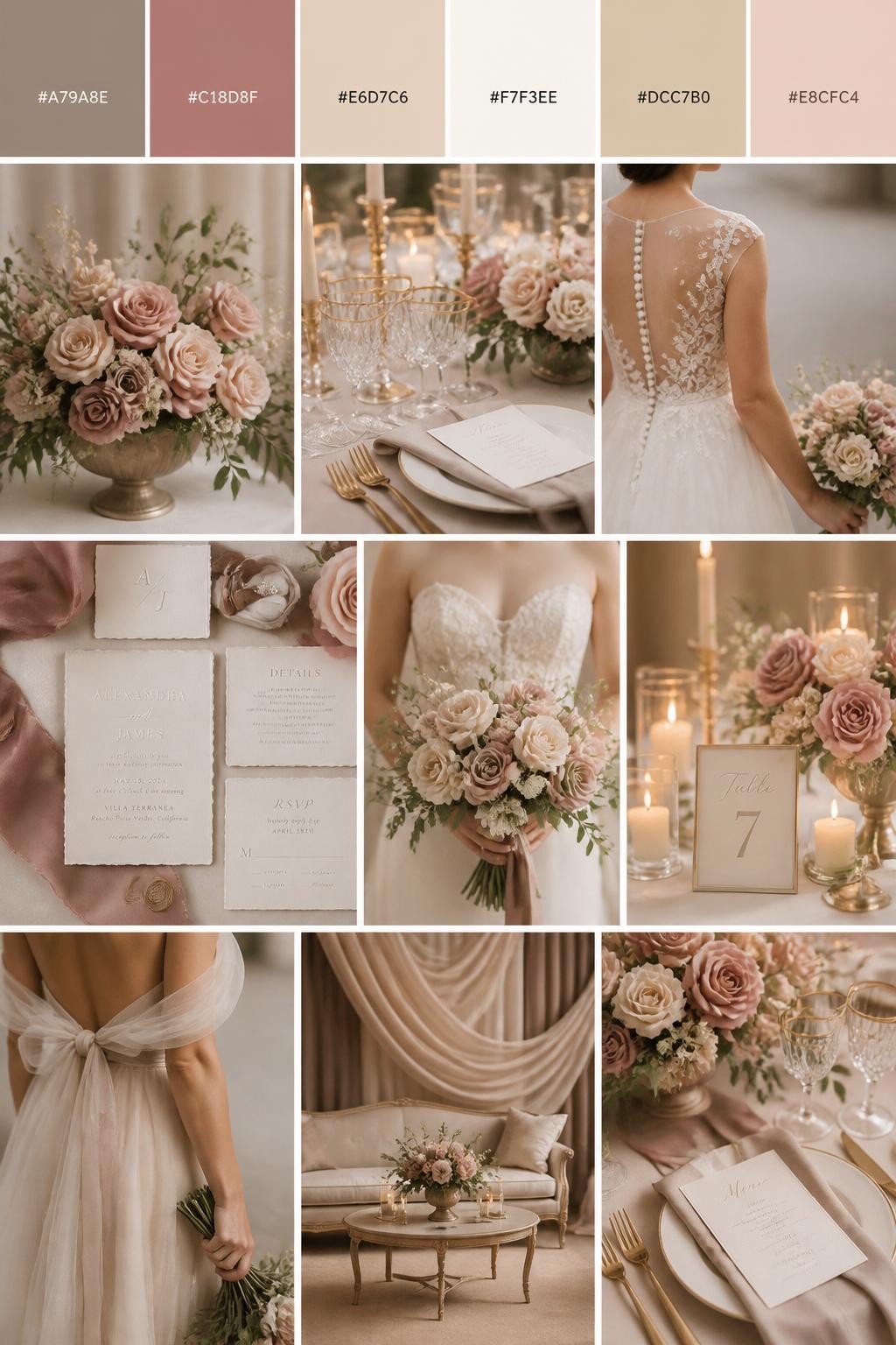 Image Prompt:
A realistic wedding inspiration collage with a top color strip showing hex-coded swatches in taupe, dusty rose, champagne, ivory, warm beige, and blush nude. Below the palette strip, create a realistic wedding mood board with dusty rose flowers, taupe linens, champagne glassware, invitation flat lays, cropped dress detail shots, hands holding a bouquet, and no-people decor scenes in soft romantic light. Use back views, side views, shoulder-down crops, and detail-only shots so no full faces are visible. The mood should feel soft, elegant, and beautifully understated with DSLR-style realism. 9:16 vertical format. (no watermarks on images)