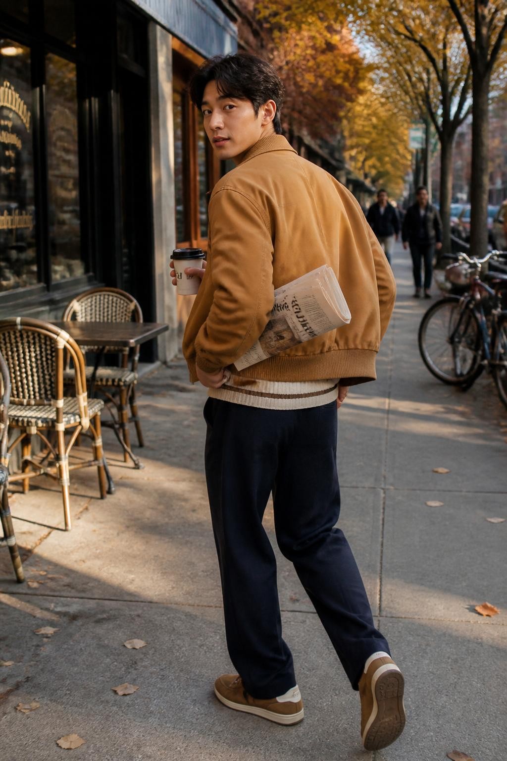 Image Prompt: A realistic city lifestyle photograph of a young East Asian man walking away from a small neighborhood café on a crisp fall morning. He wears a camel bomber jacket, a striped cream-and-navy sweater, dark pleated trousers, and suede sneakers. A folded weekend newspaper is tucked beneath one arm while his other hand holds a takeaway coffee. Capture him turning his upper body back toward the camera without stopping his stride. Golden trees, café chairs, and bicycles fill the background, with a few distant pedestrians softly out of focus. Natural morning sunlight, realistic skin texture, accurate hands, visible paper folds, casual 2026 menswear styling.