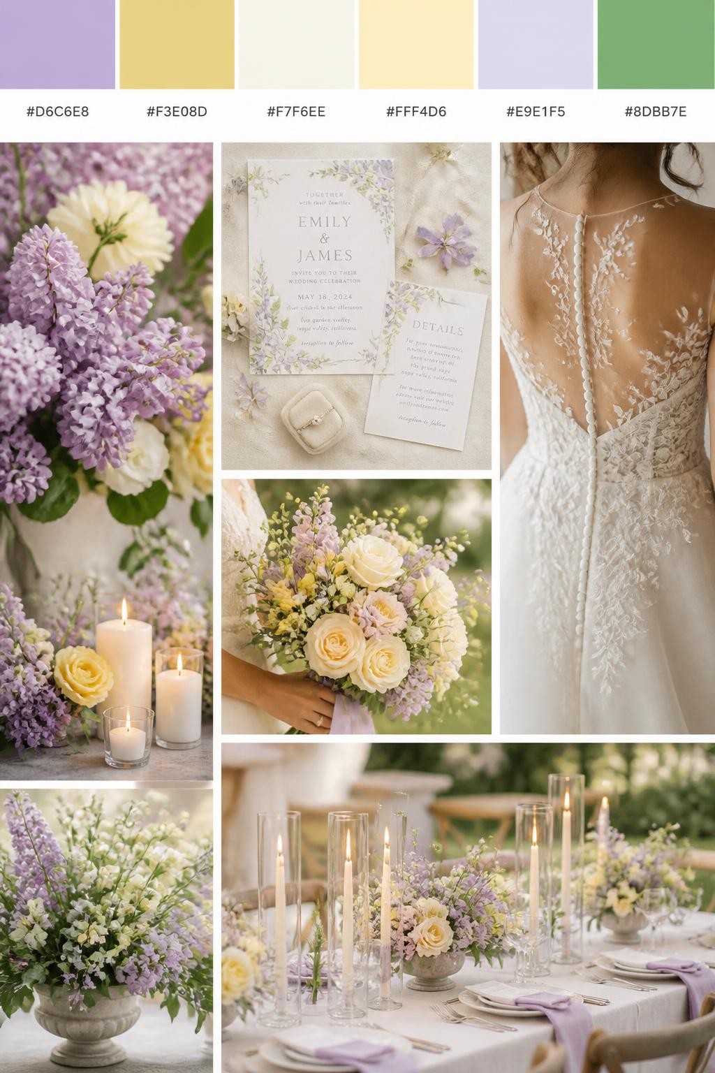 Image Prompt:
A realistic wedding color scheme mood board with a top swatch strip and small hex codes in lilac, butter yellow, ivory, soft cream, pale lavender, and fresh green. Below, create a cheerful romantic collage of lilac flowers, yellow blooms, ivory candles, airy invitations, hands holding a bouquet, a back-view bridal detail, and a no-people reception table with soft floral styling. Use no clear faces and mix detail shots with no-people decor images for variety. The mood should feel sweet, fresh, and romantic with soft natural light and DSLR-style realism. 9:16 vertical format. (no watermarks on images)